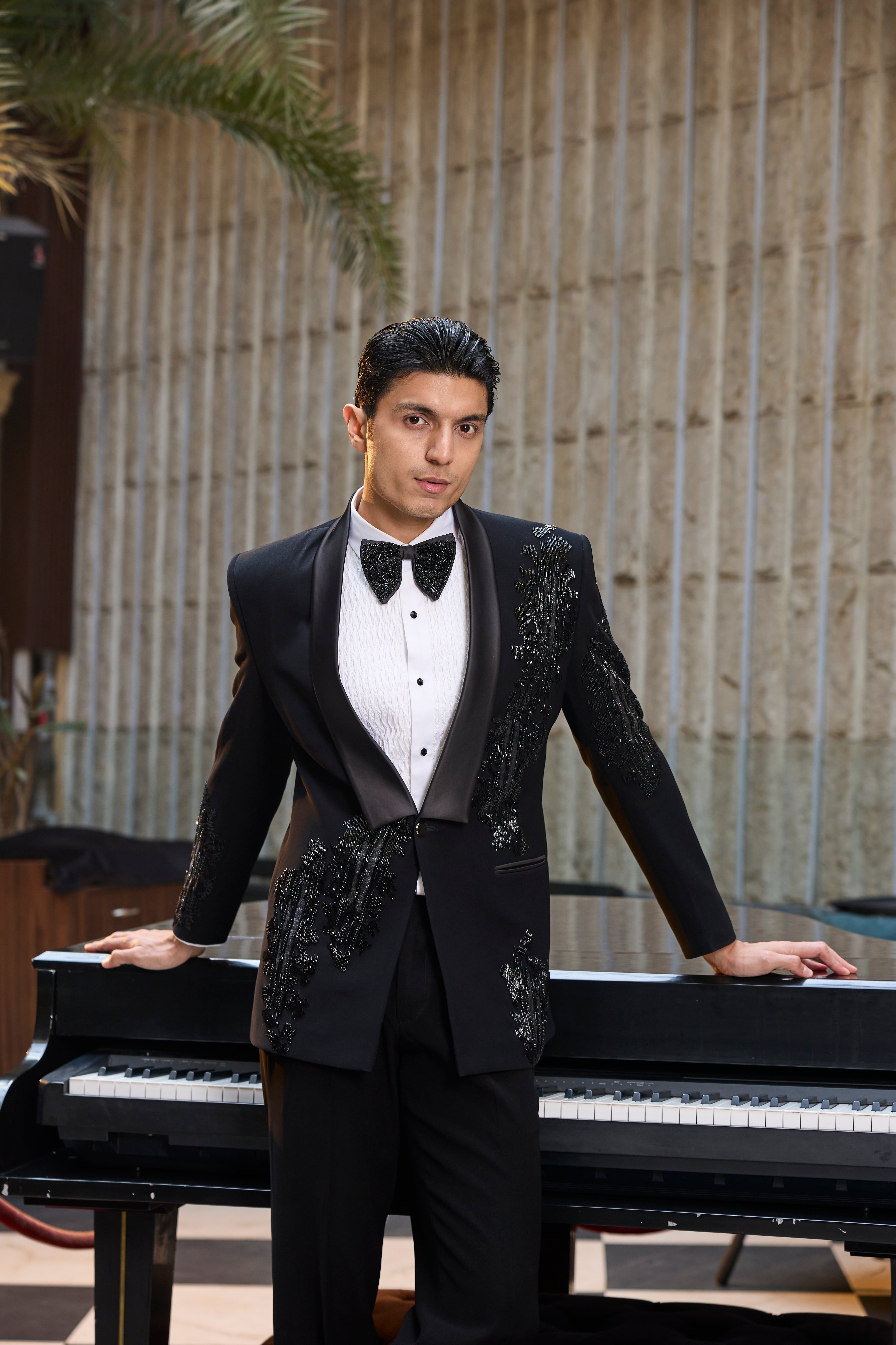 Classic Black Tuxedo Set with Intricate Sequin Work