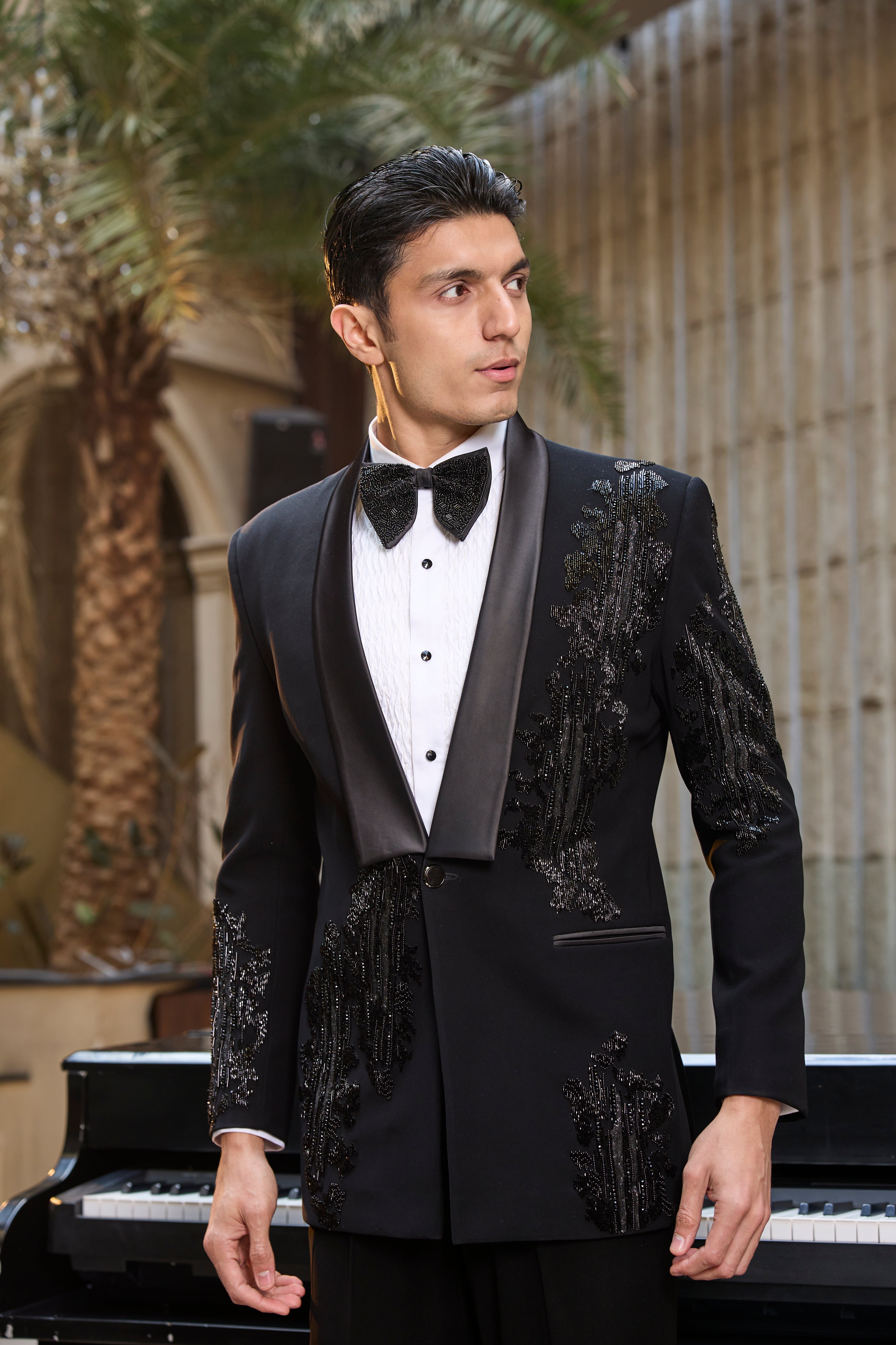 Classic Black Tuxedo Set with Intricate Sequin Work