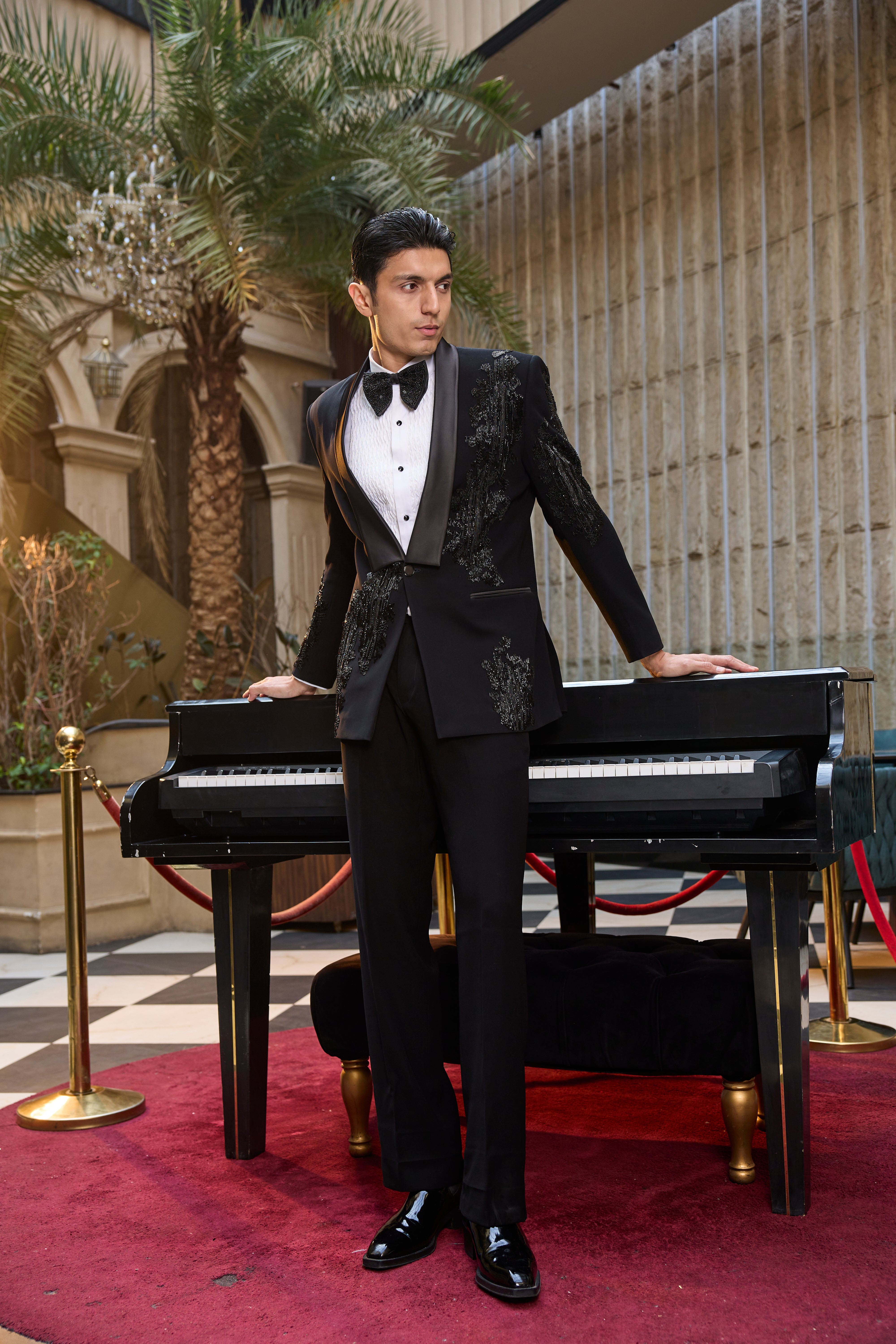 Classic Black Tuxedo Set with Intricate Sequin Work