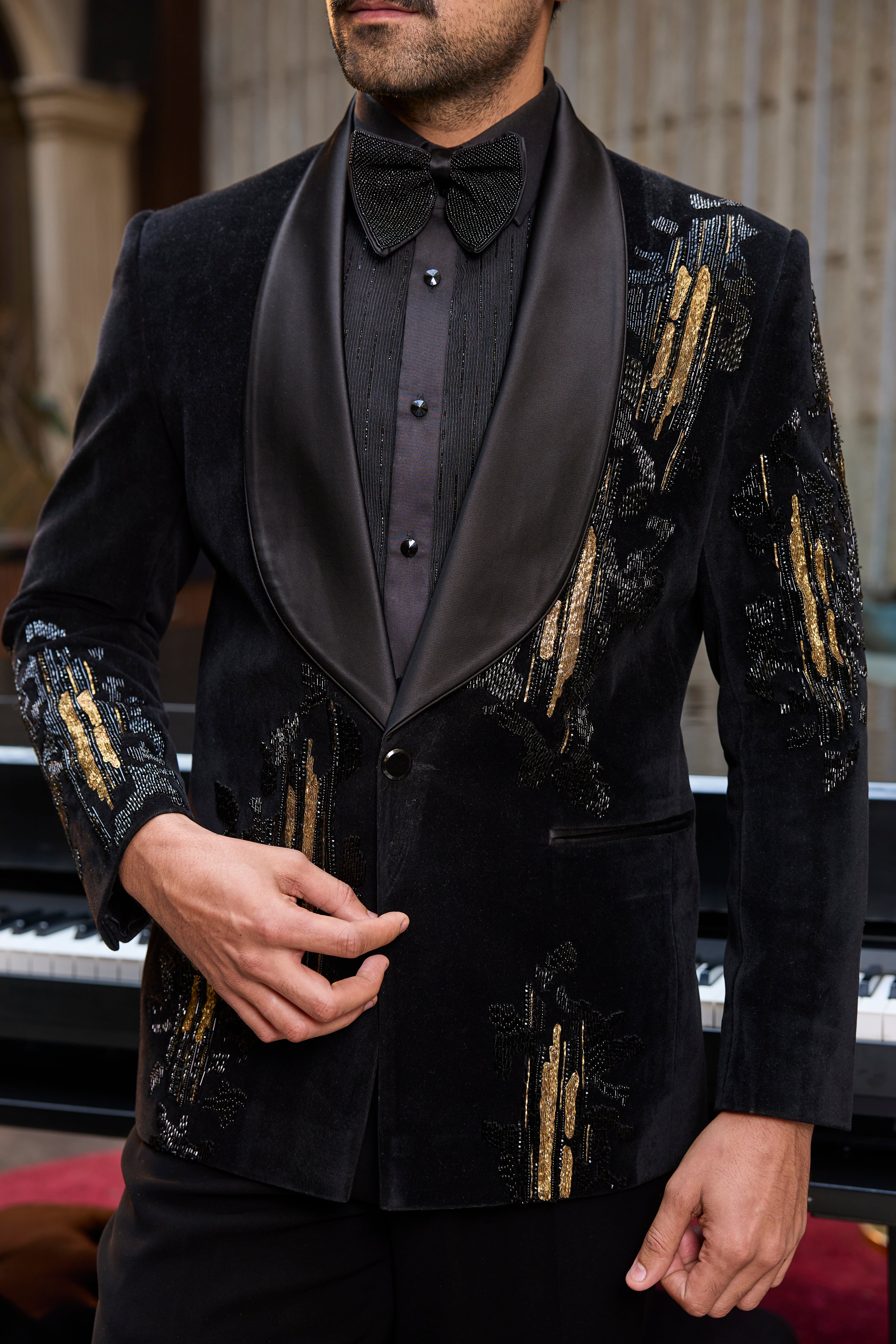 Black Velvet Tuxedo Set with Gold Embroidery