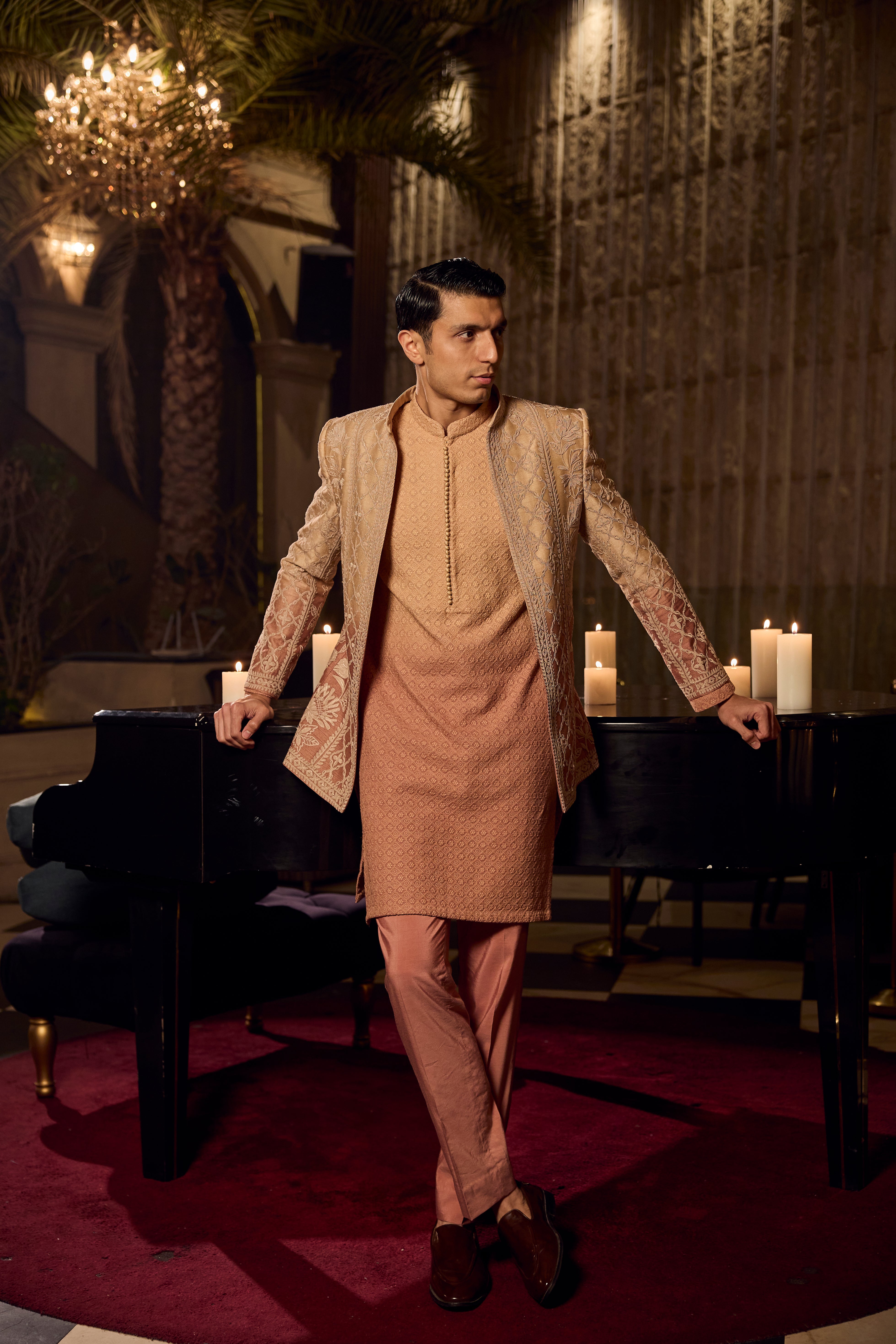 Peach Textured Kurta–Bundi Ensemble with Golden Embroidered Jacket