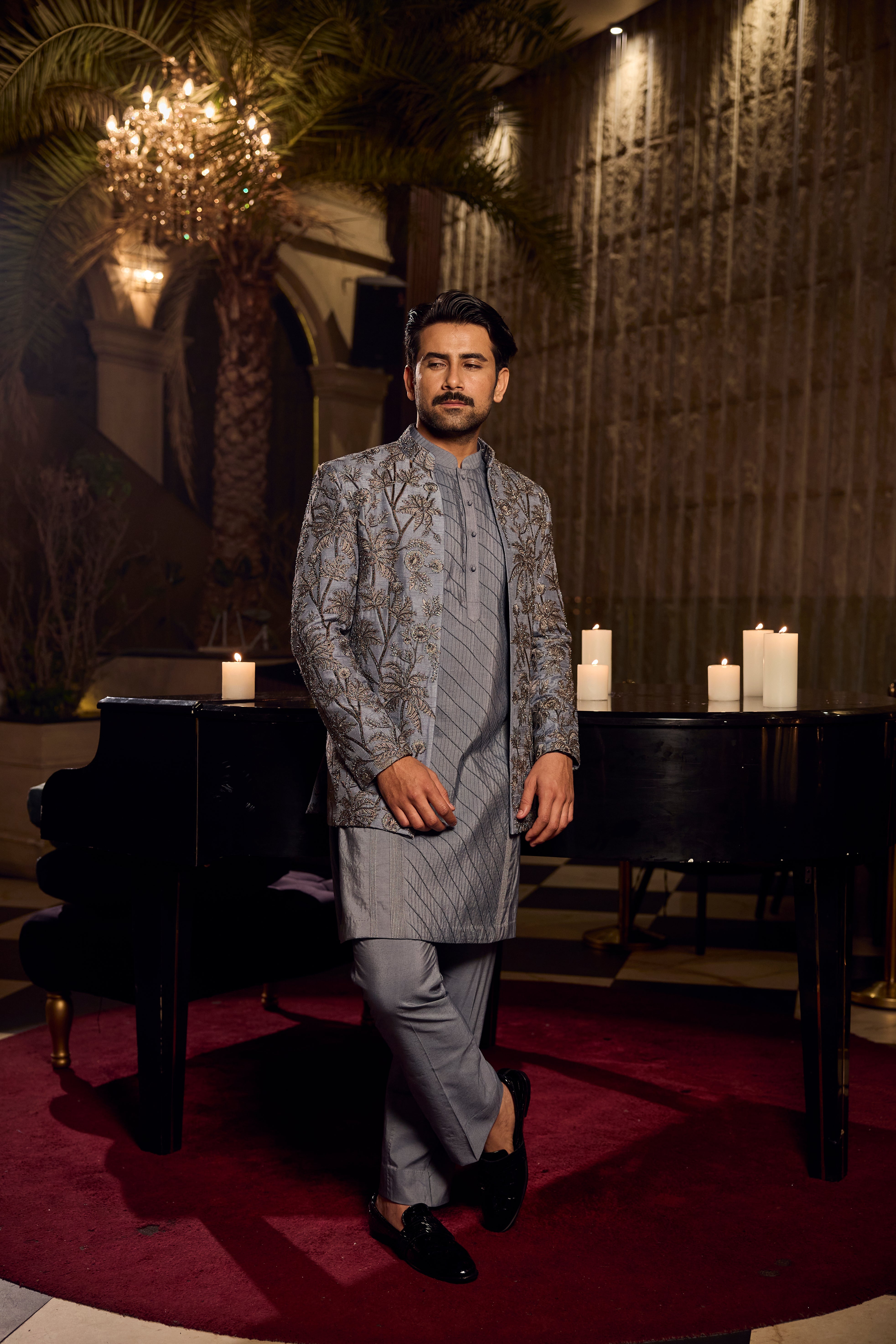 Steel Blue Kurta Front Open Jodhpuri with Intricate Floral Embroidered Jacket