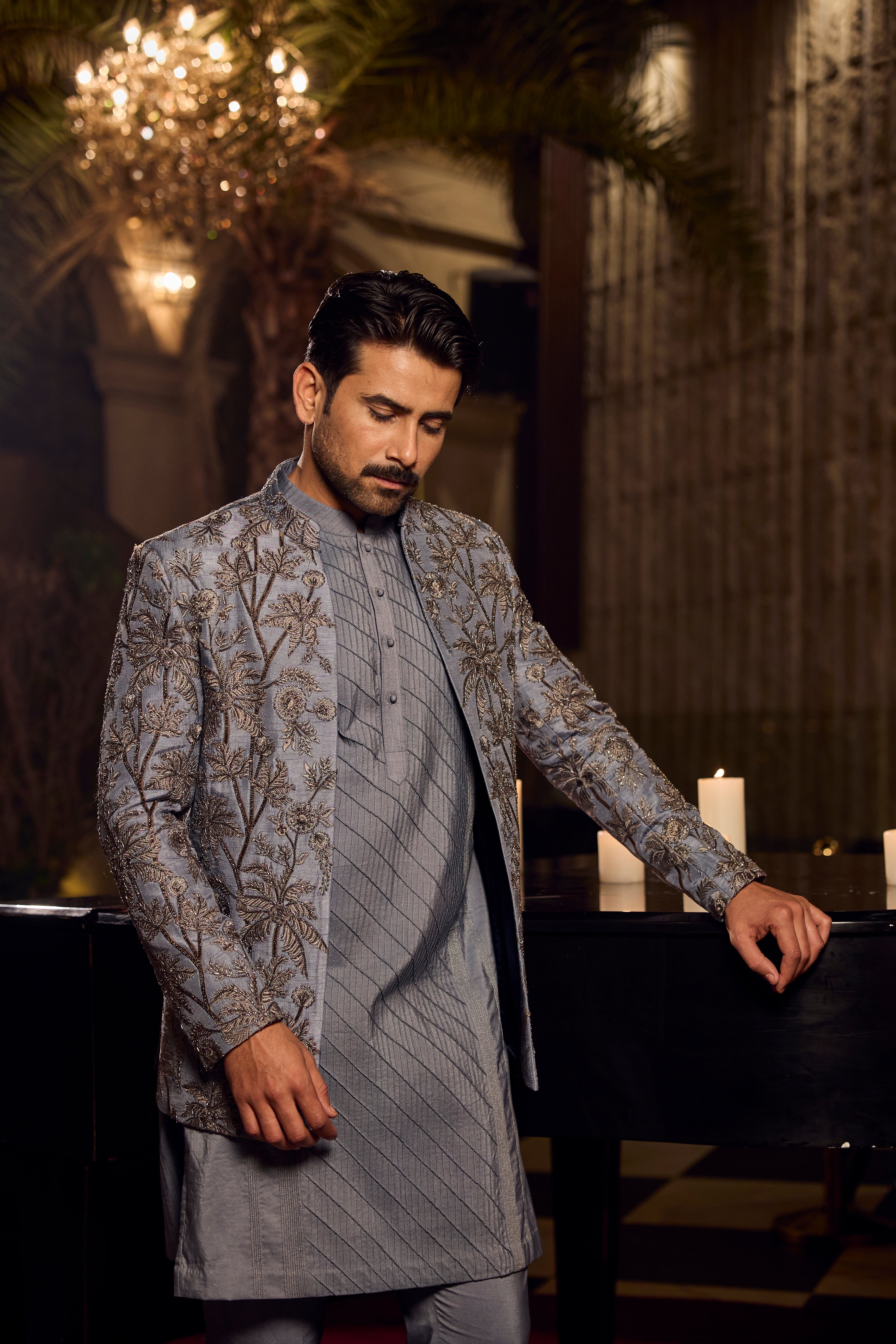 Steel Blue Kurta Front Open Jodhpuri with Intricate Floral Embroidered Jacket