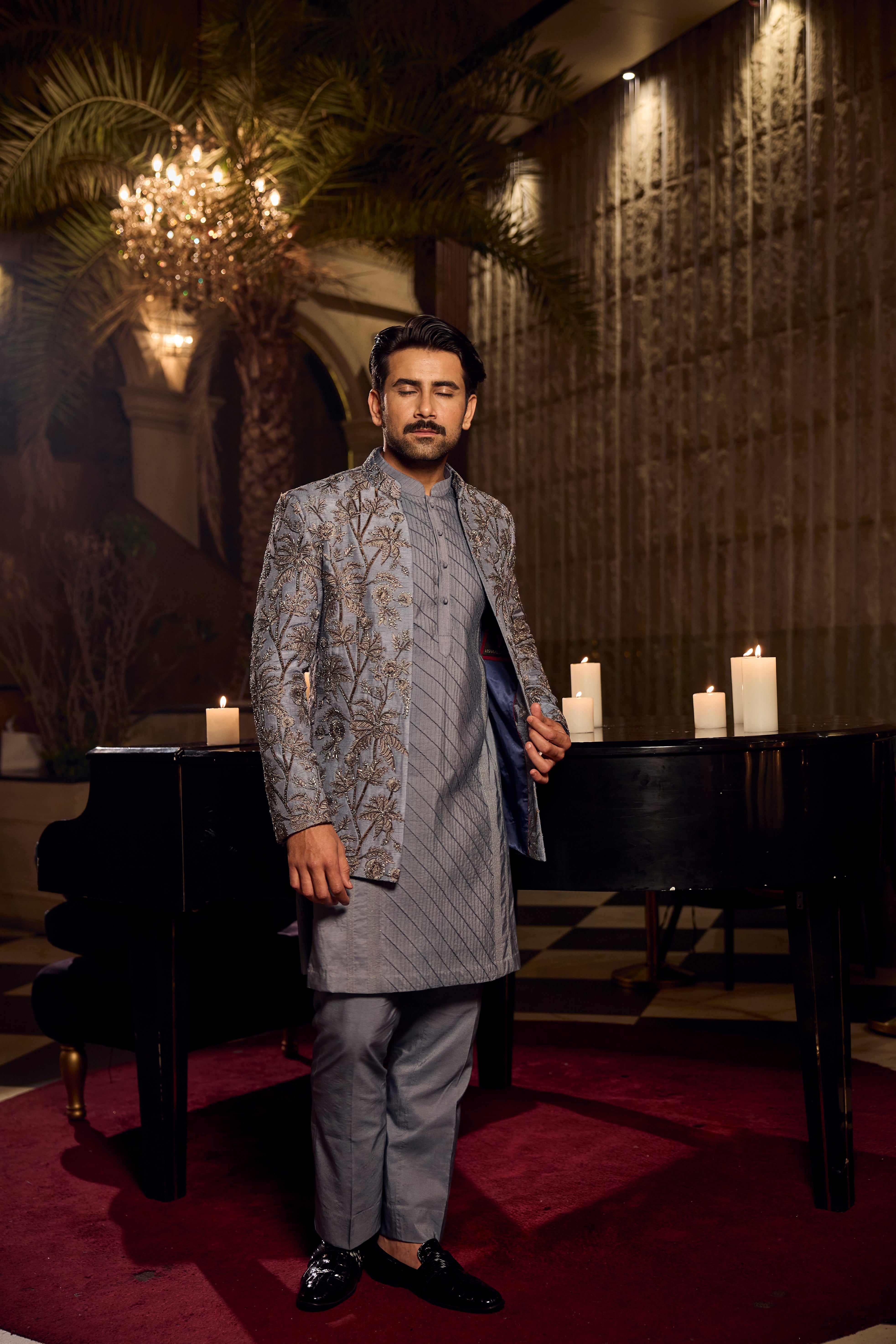 Steel Blue Kurta Front Open Jodhpuri with Intricate Floral Embroidered Jacket