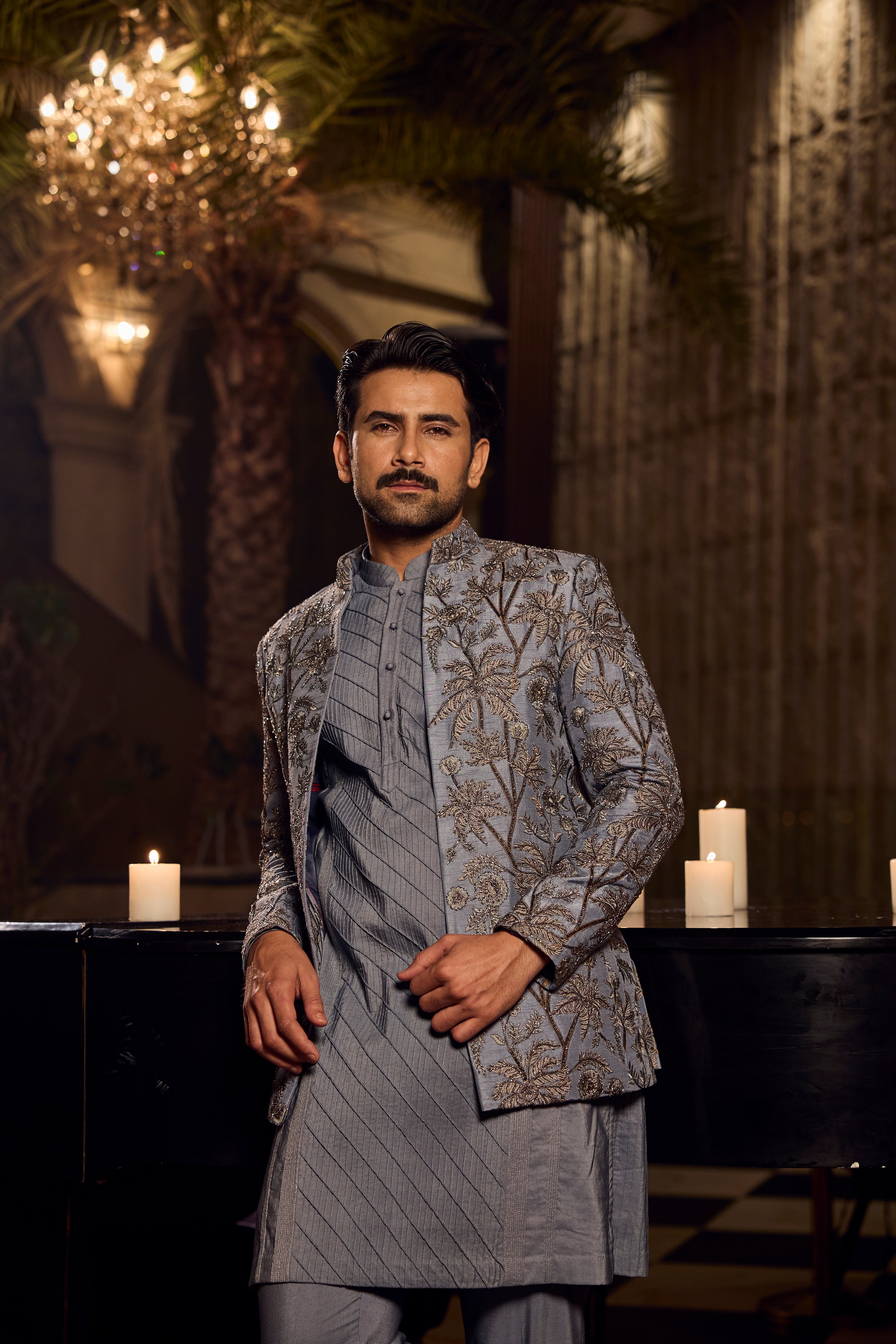Steel Blue Kurta Front Open Jodhpuri with Intricate Floral Embroidered Jacket