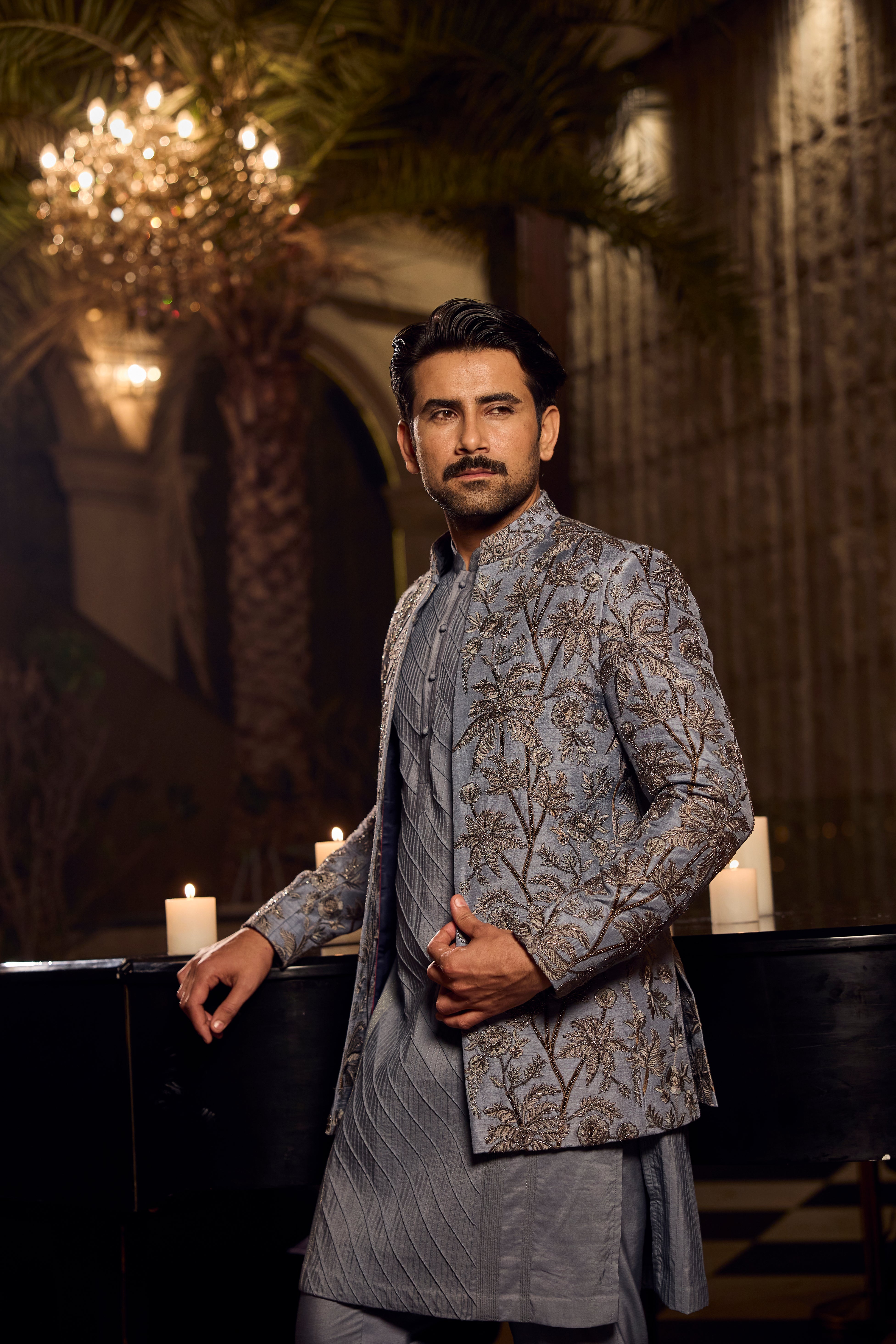 Steel Blue Kurta Front Open Jodhpuri with Intricate Floral Embroidered Jacket