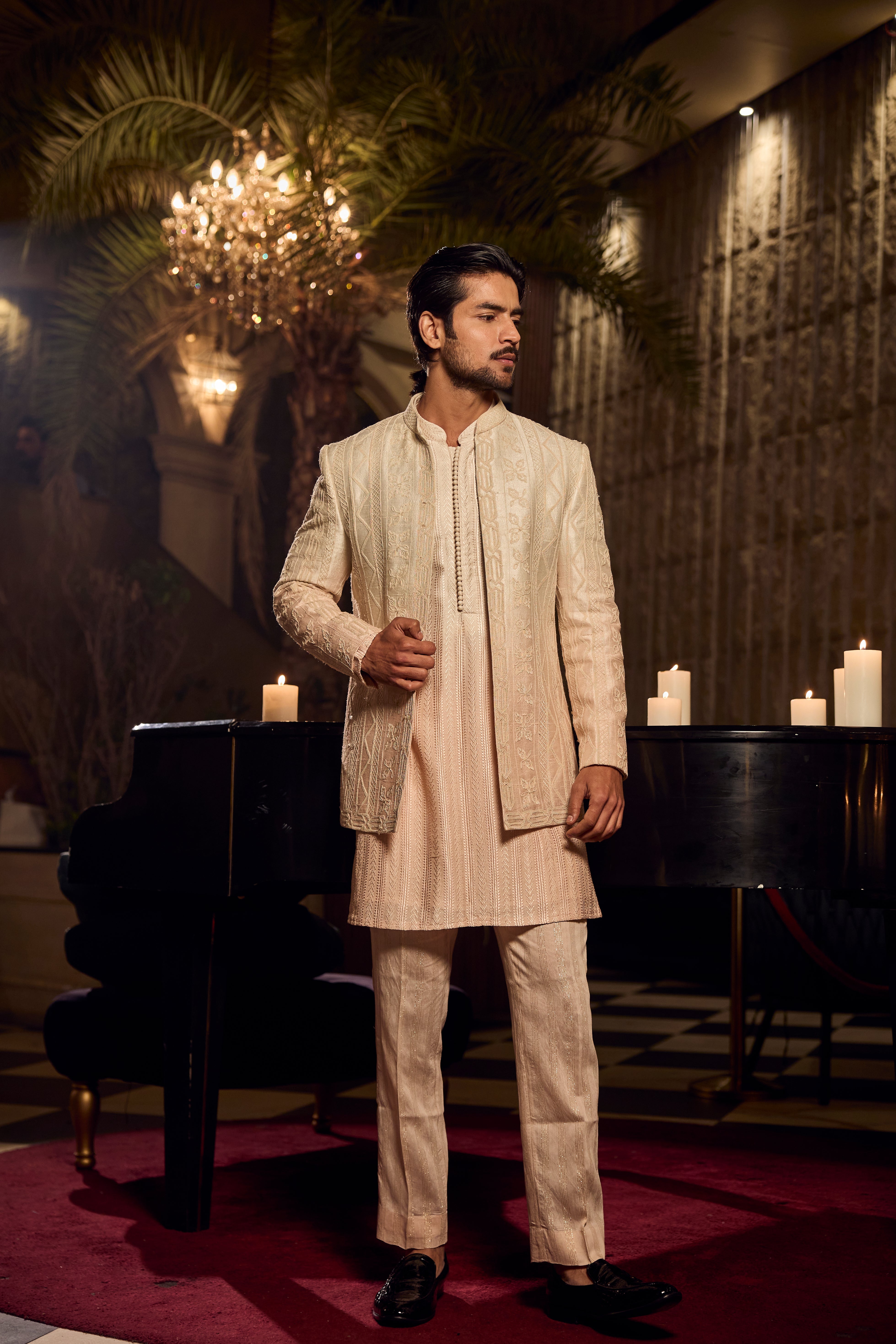 Ombre Kurta Front Open Jodhpuri Ensemble with Intricate Tonal Embroidery