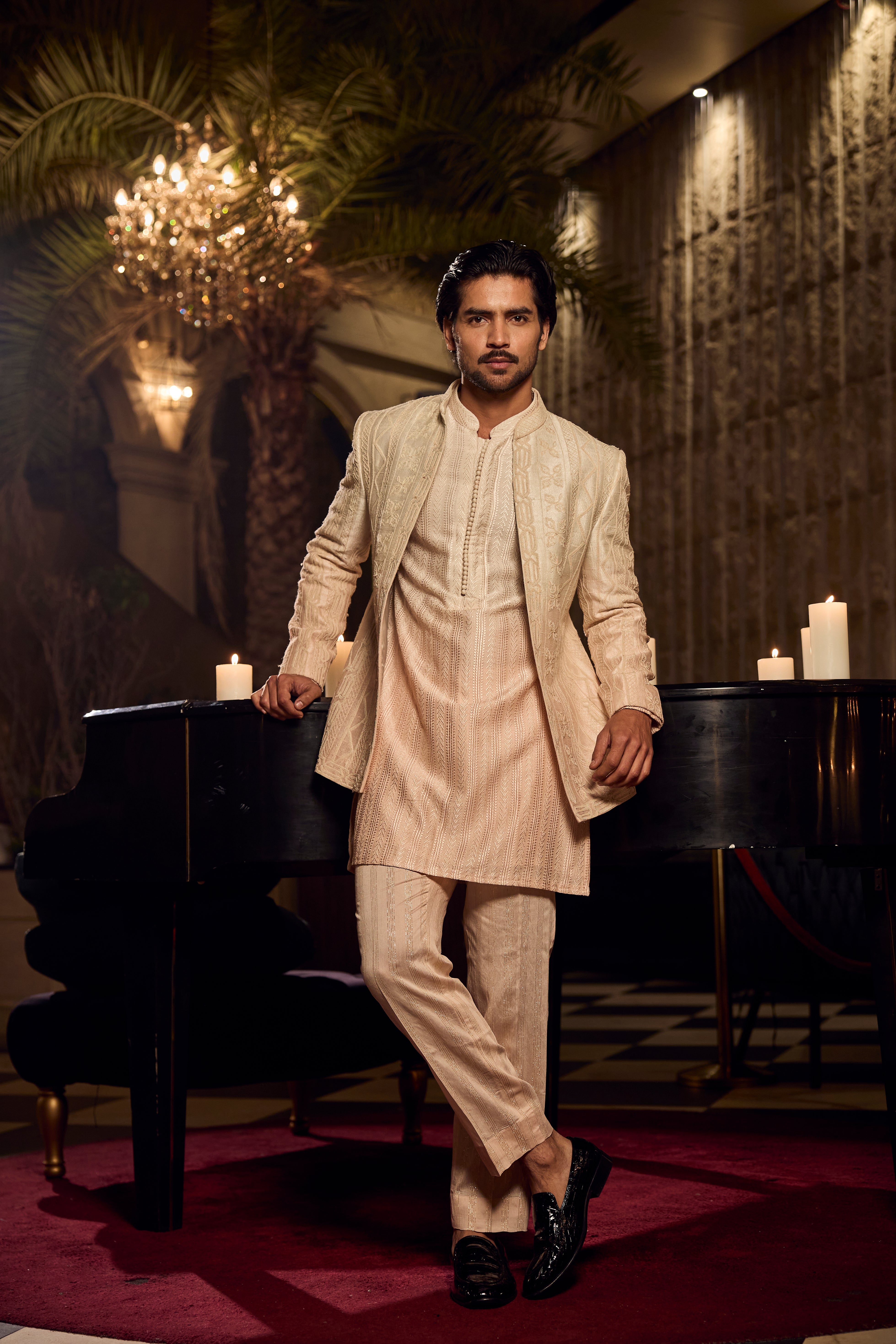 Ombre Kurta Front Open Jodhpuri Ensemble with Intricate Tonal Embroidery