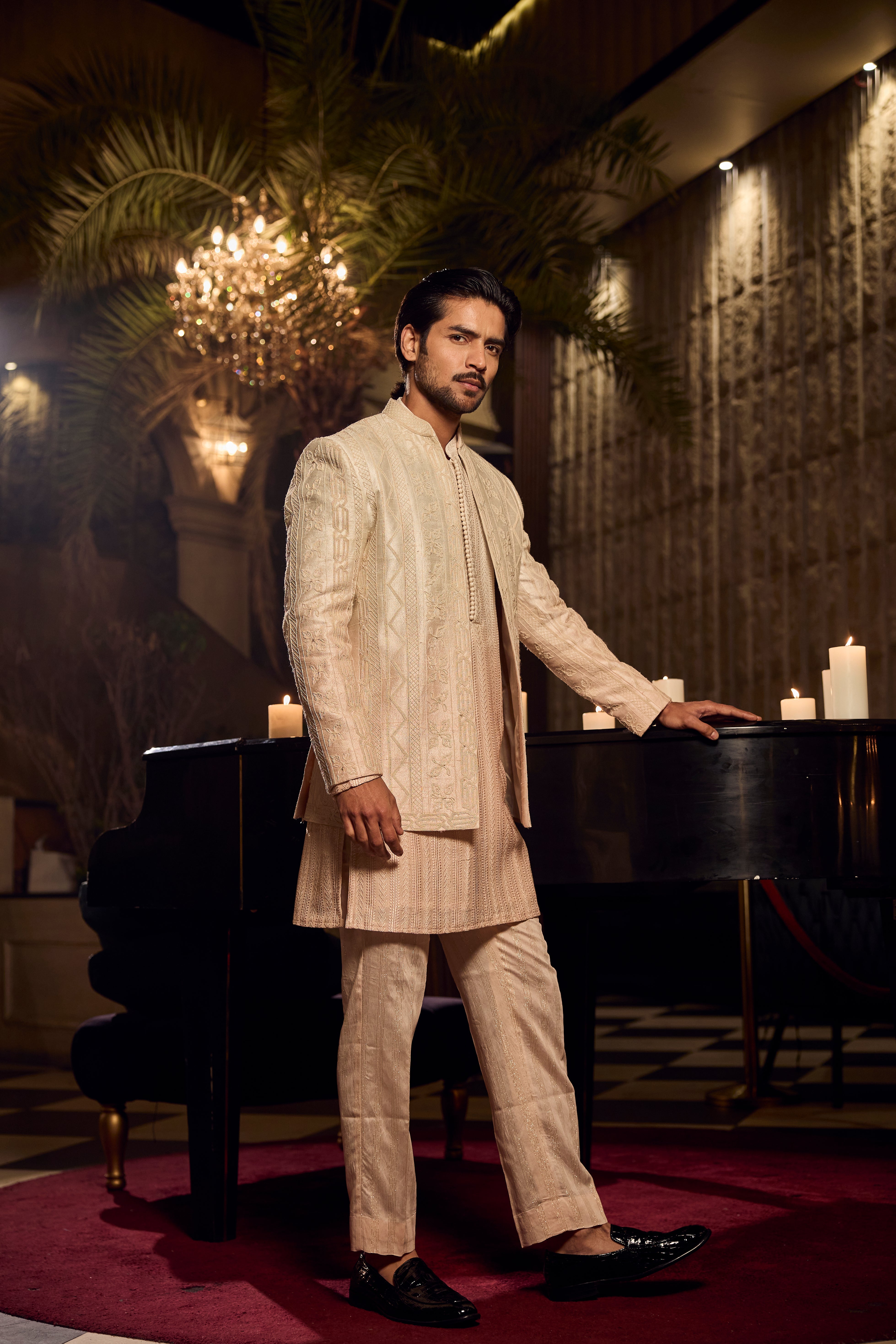 Ombre Kurta Front Open Jodhpuri Ensemble with Intricate Tonal Embroidery