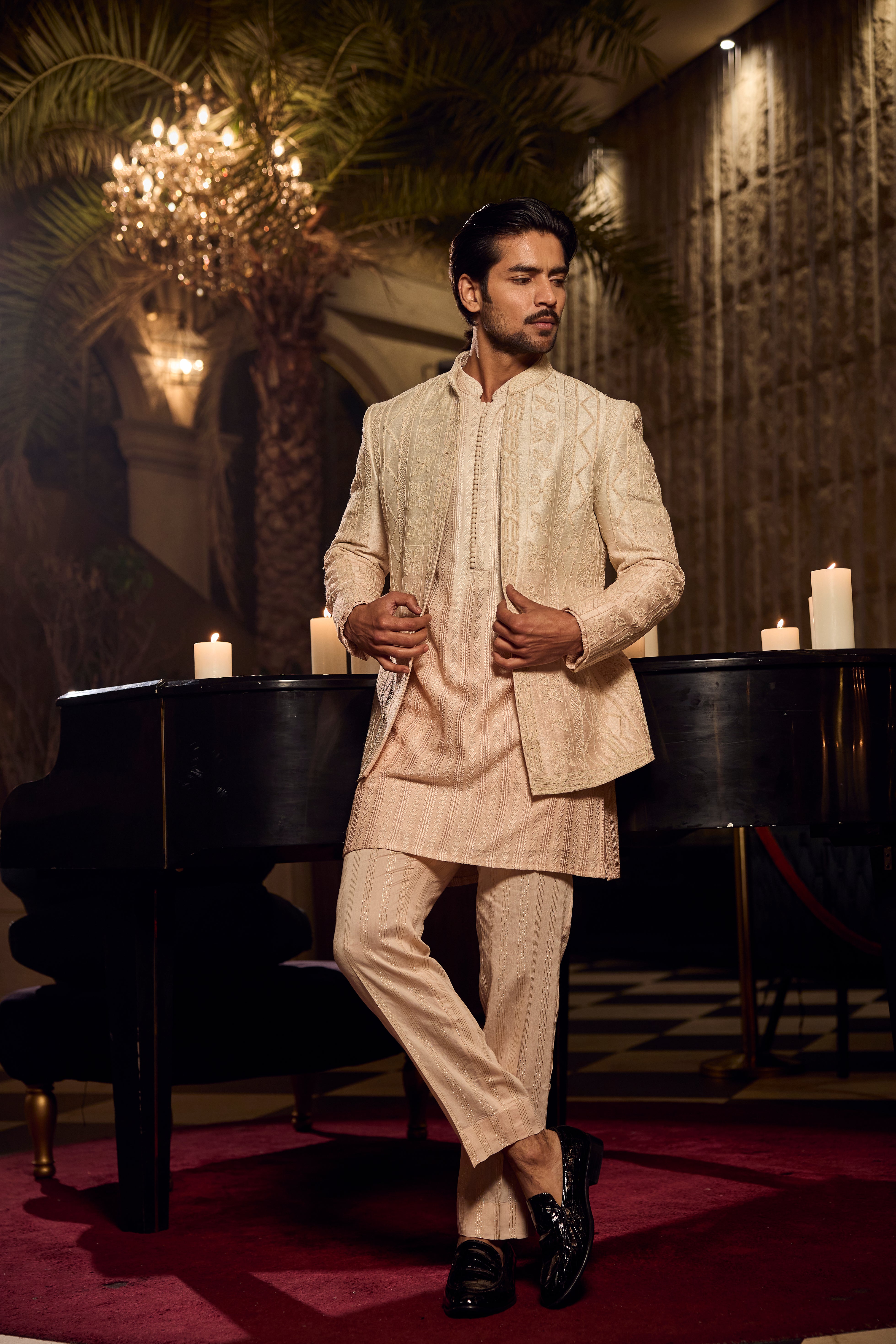 Ombre Kurta Front Open Jodhpuri Ensemble with Intricate Tonal Embroidery