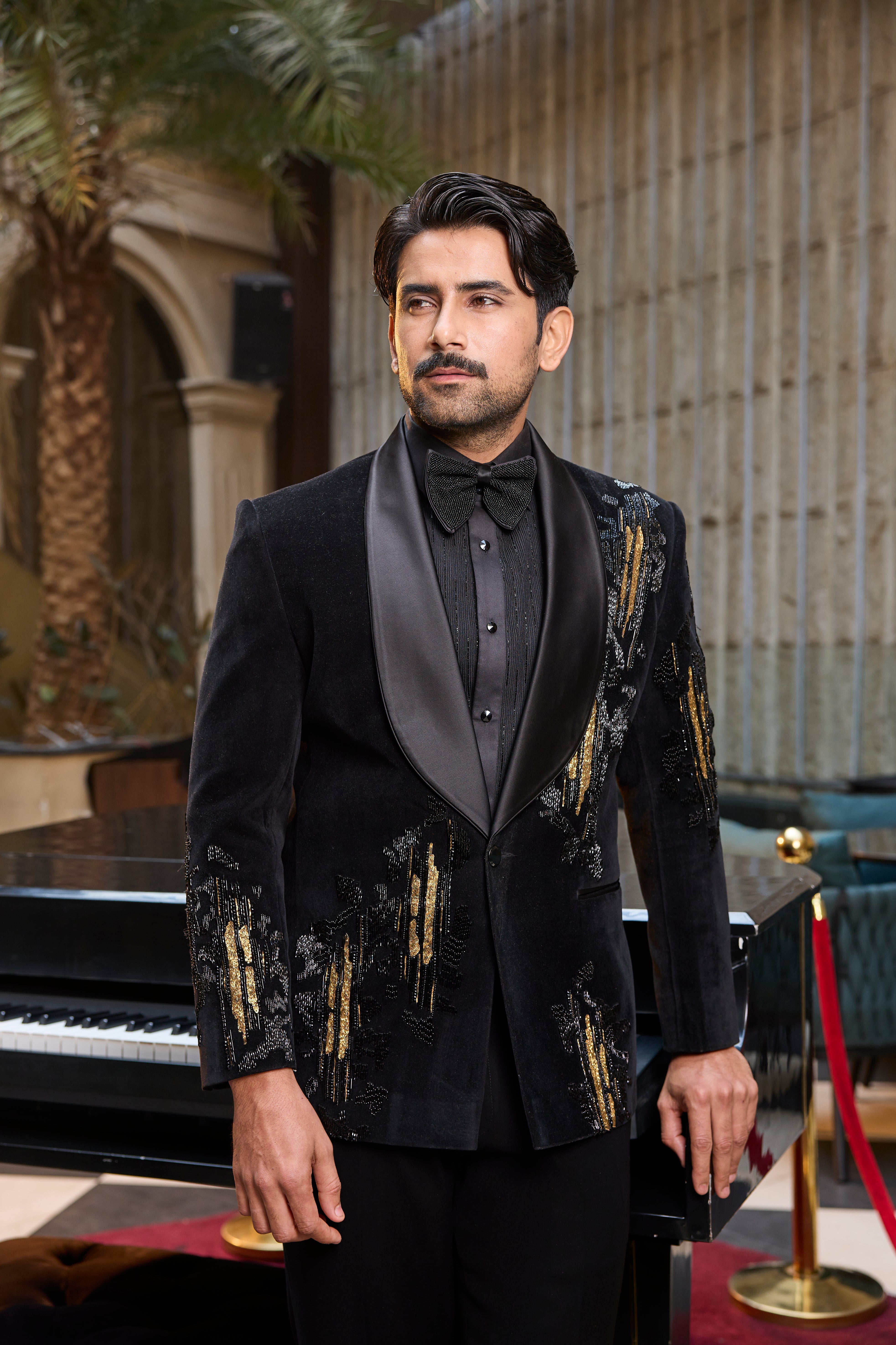 Black Velvet Tuxedo Set with Gold Embroidery