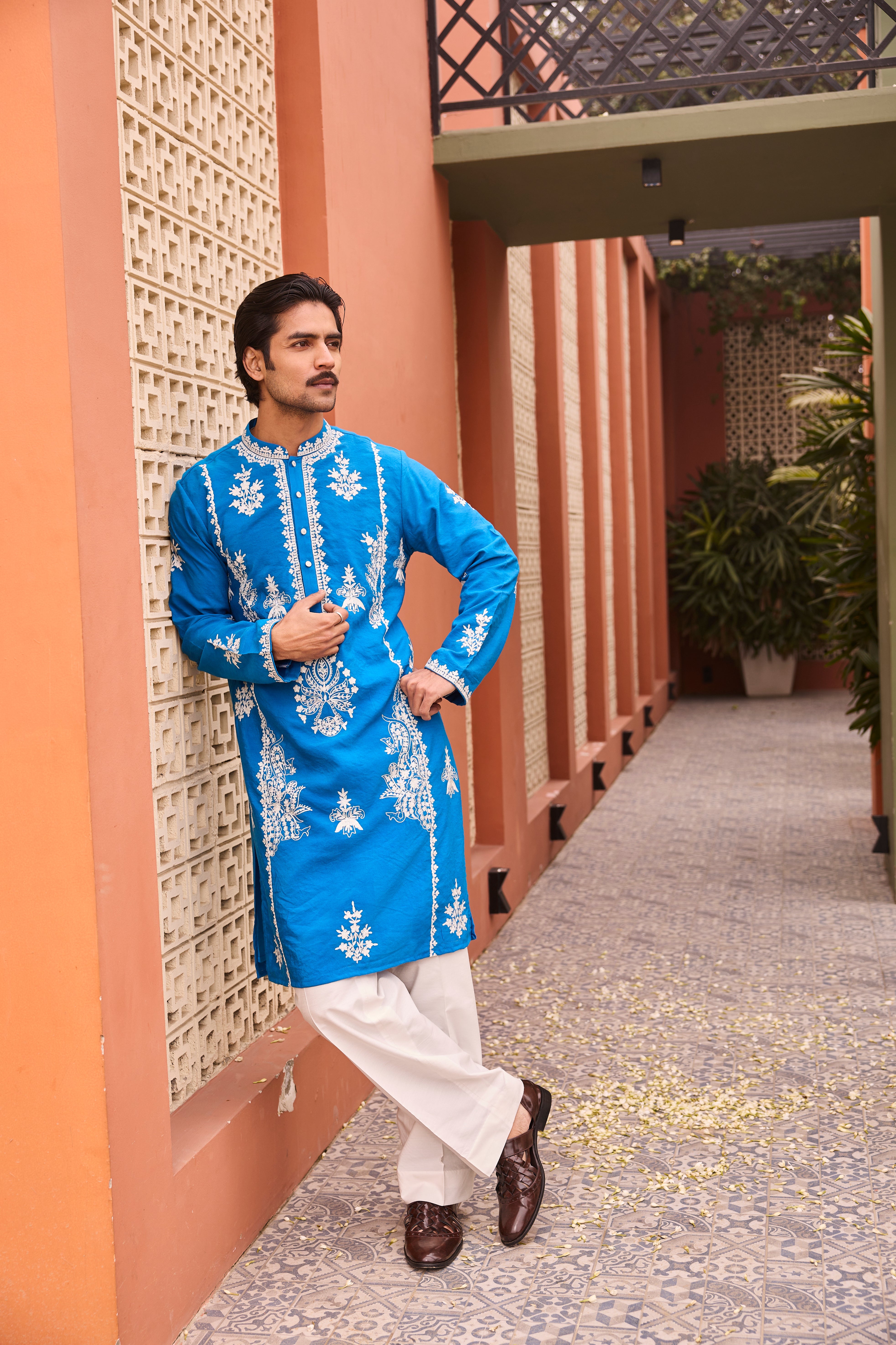Royal Blue Kurta with Exquisite White Embroidery