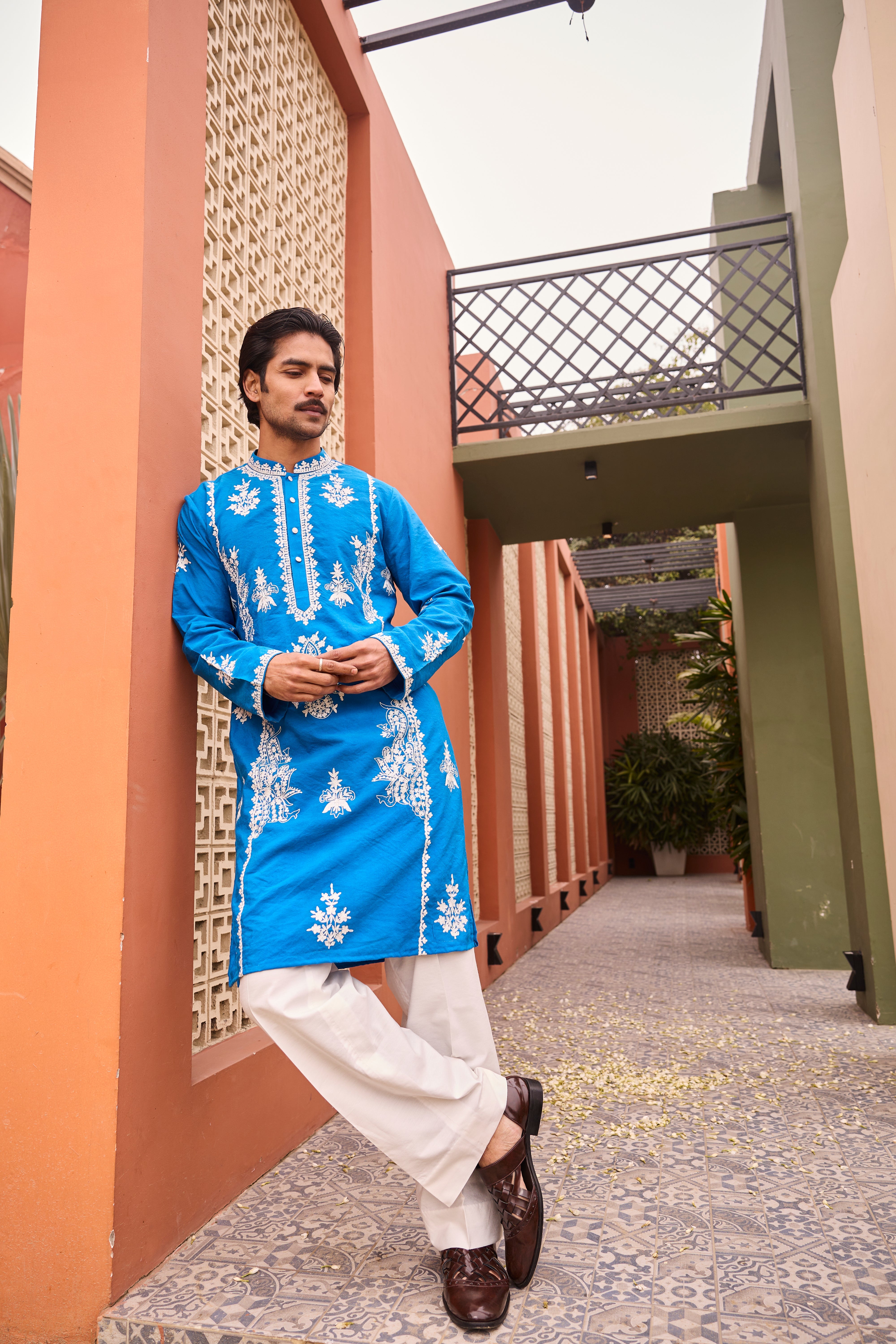 Royal Blue Kurta with Exquisite White Embroidery
