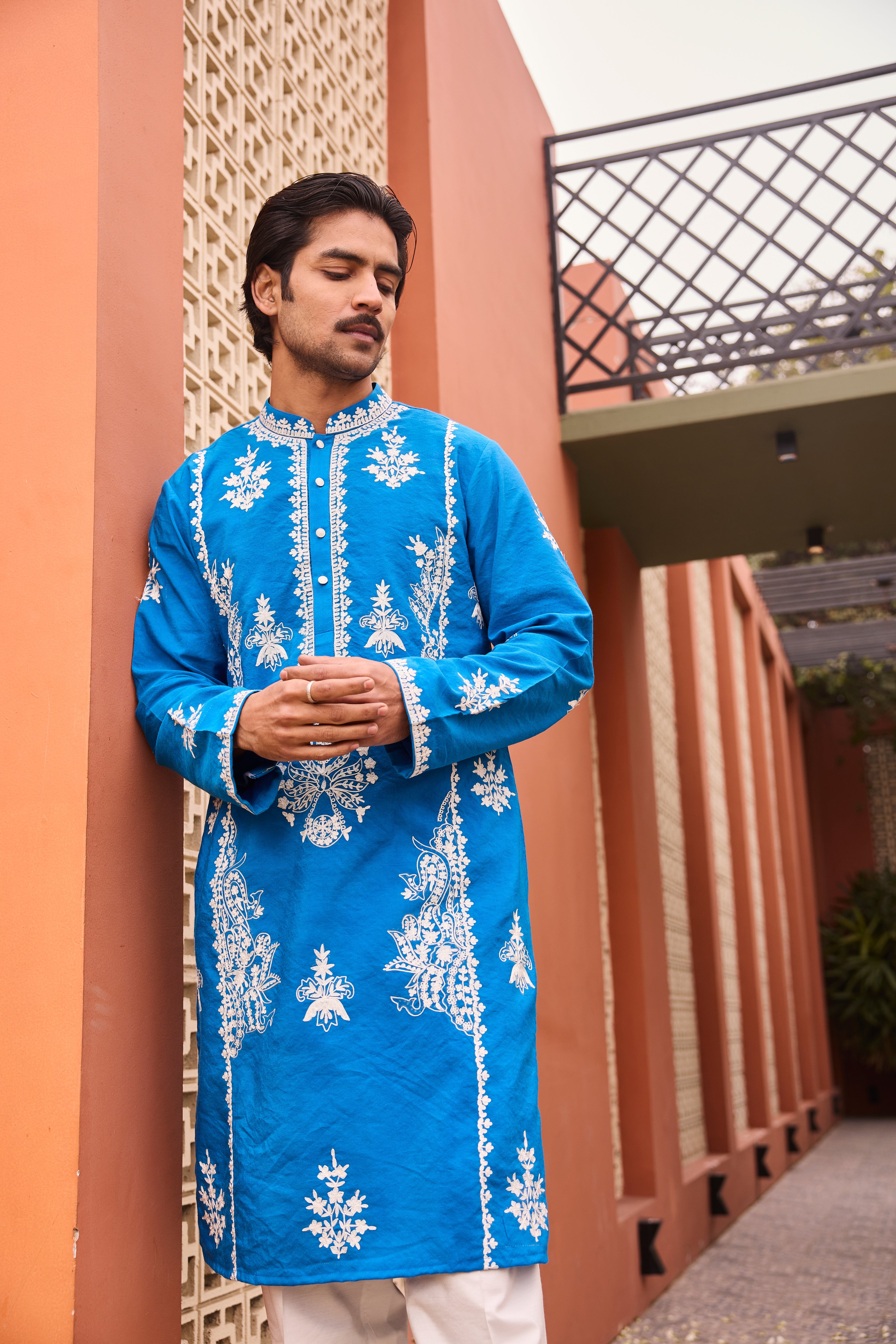 Royal Blue Kurta with Exquisite White Embroidery