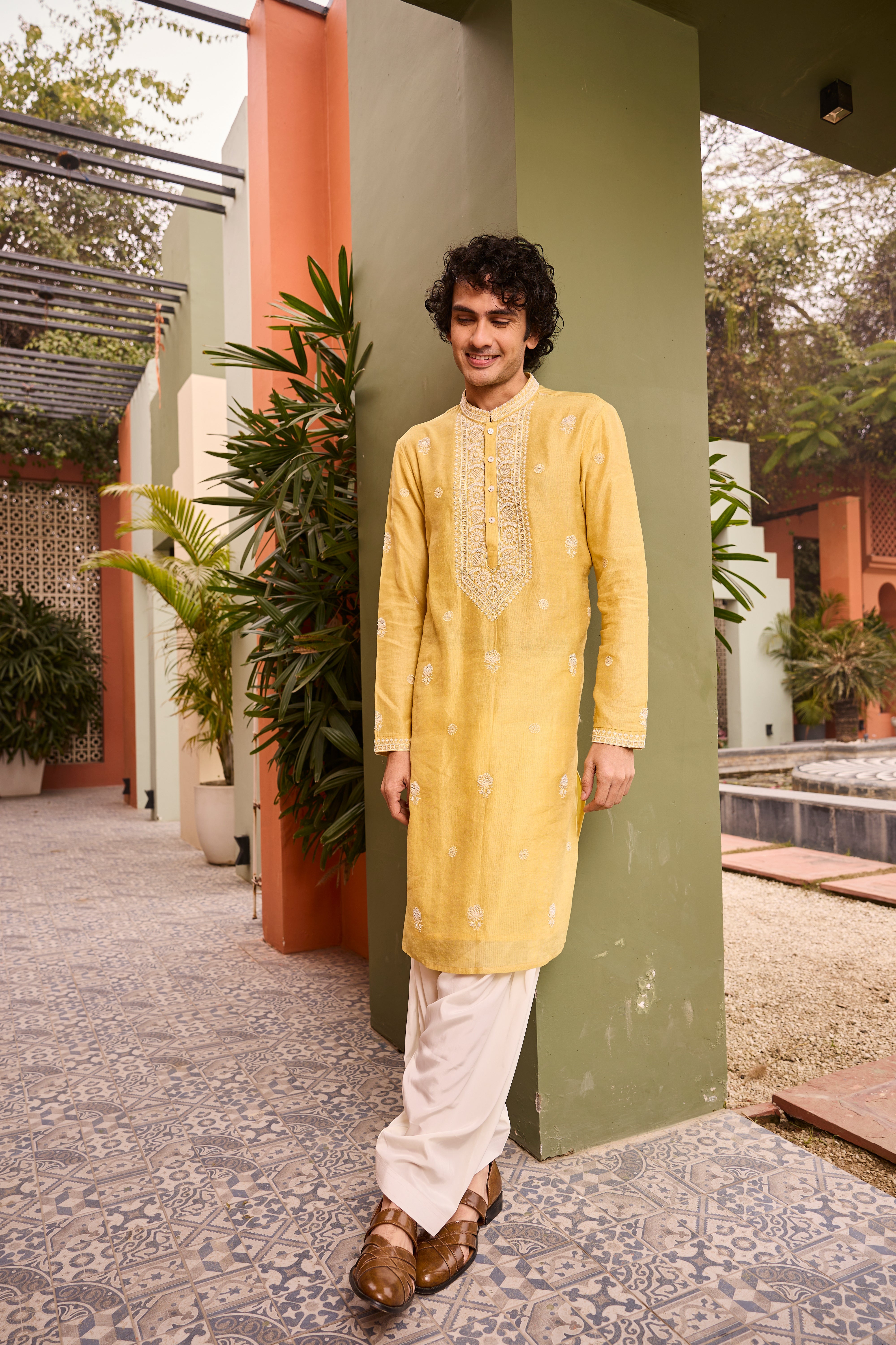 Mustard Yellow Kurta with Intricate White Embroidery