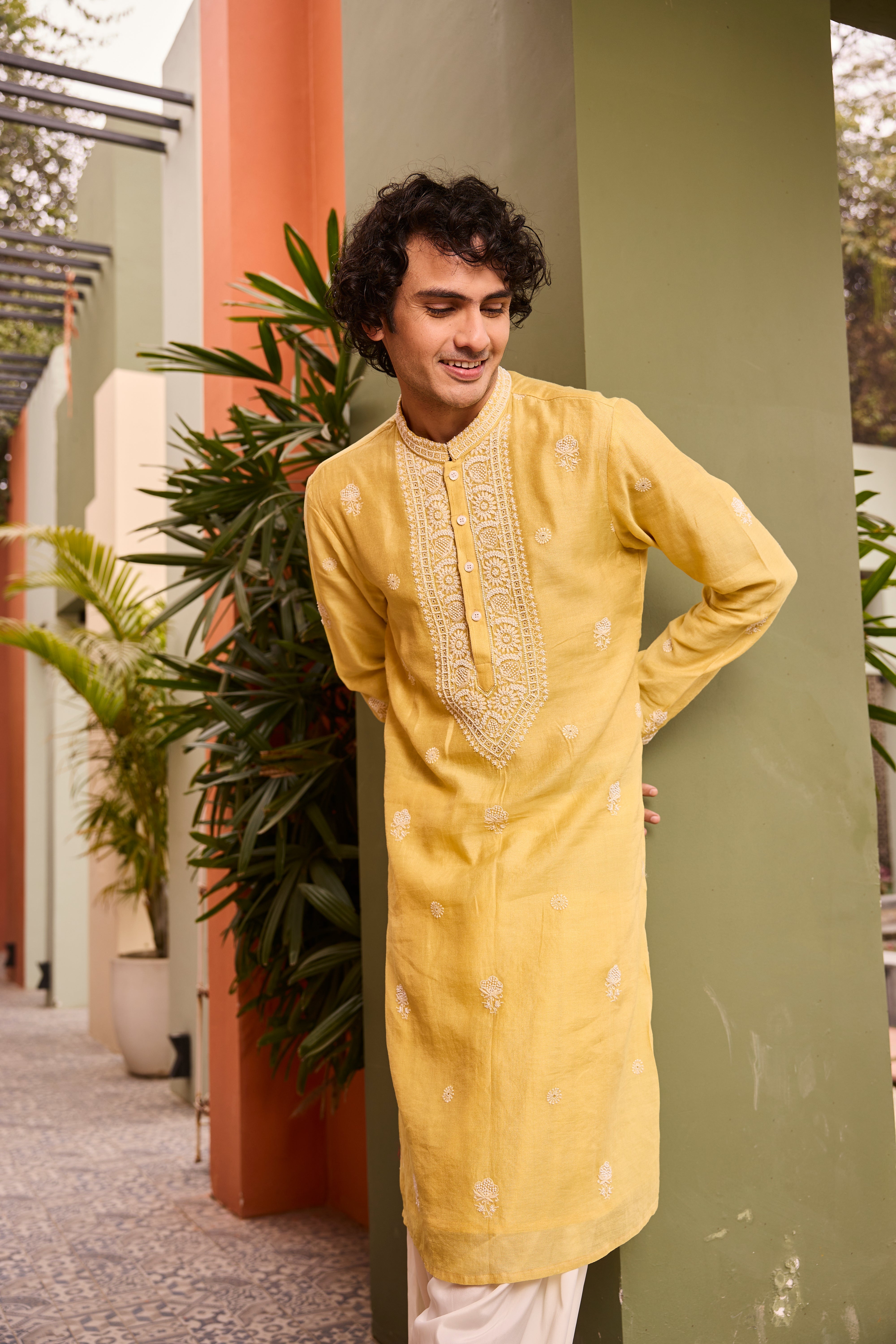 Mustard Yellow Kurta with Intricate White Embroidery