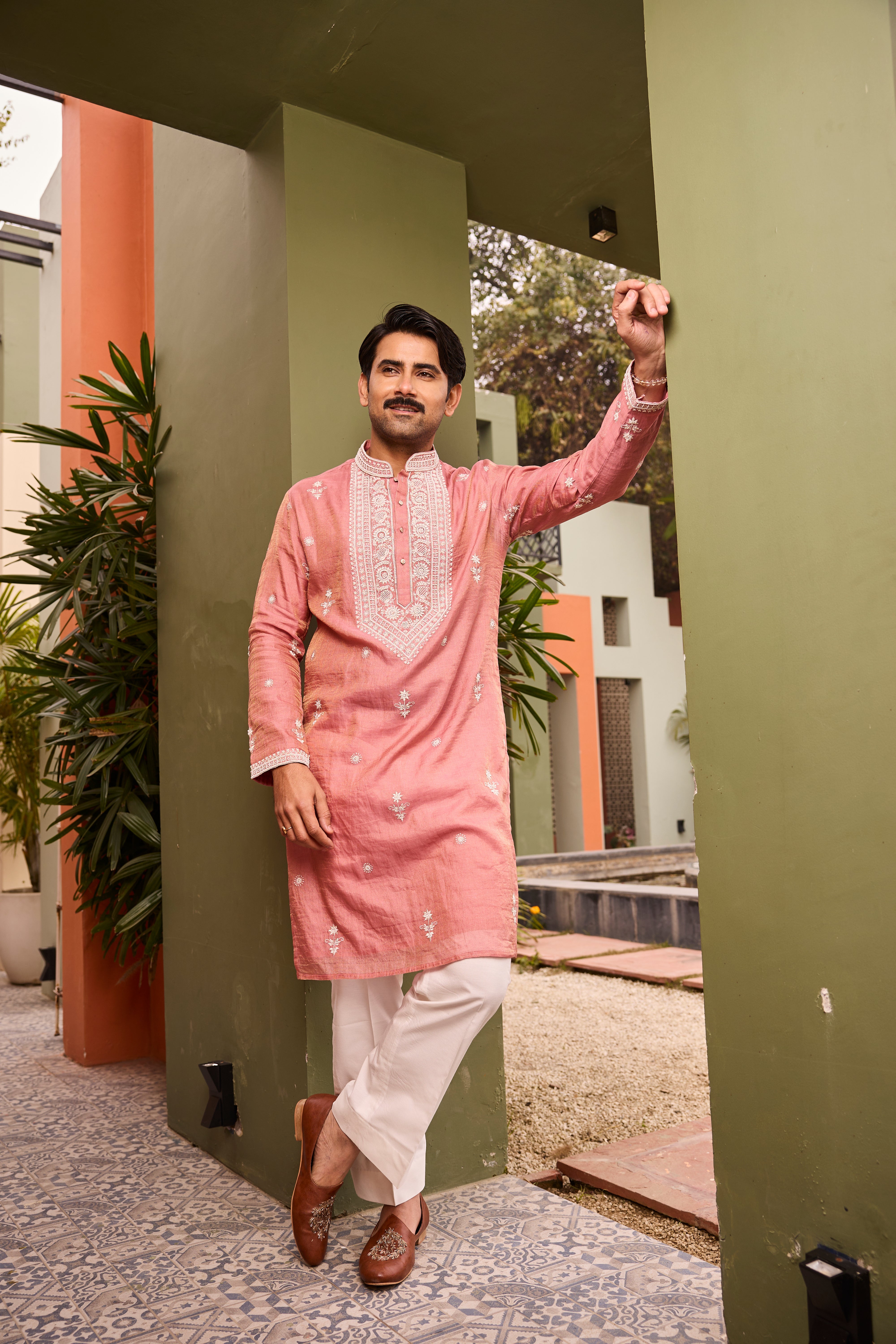 Blush Pink Kurta with White Thread Embroidery