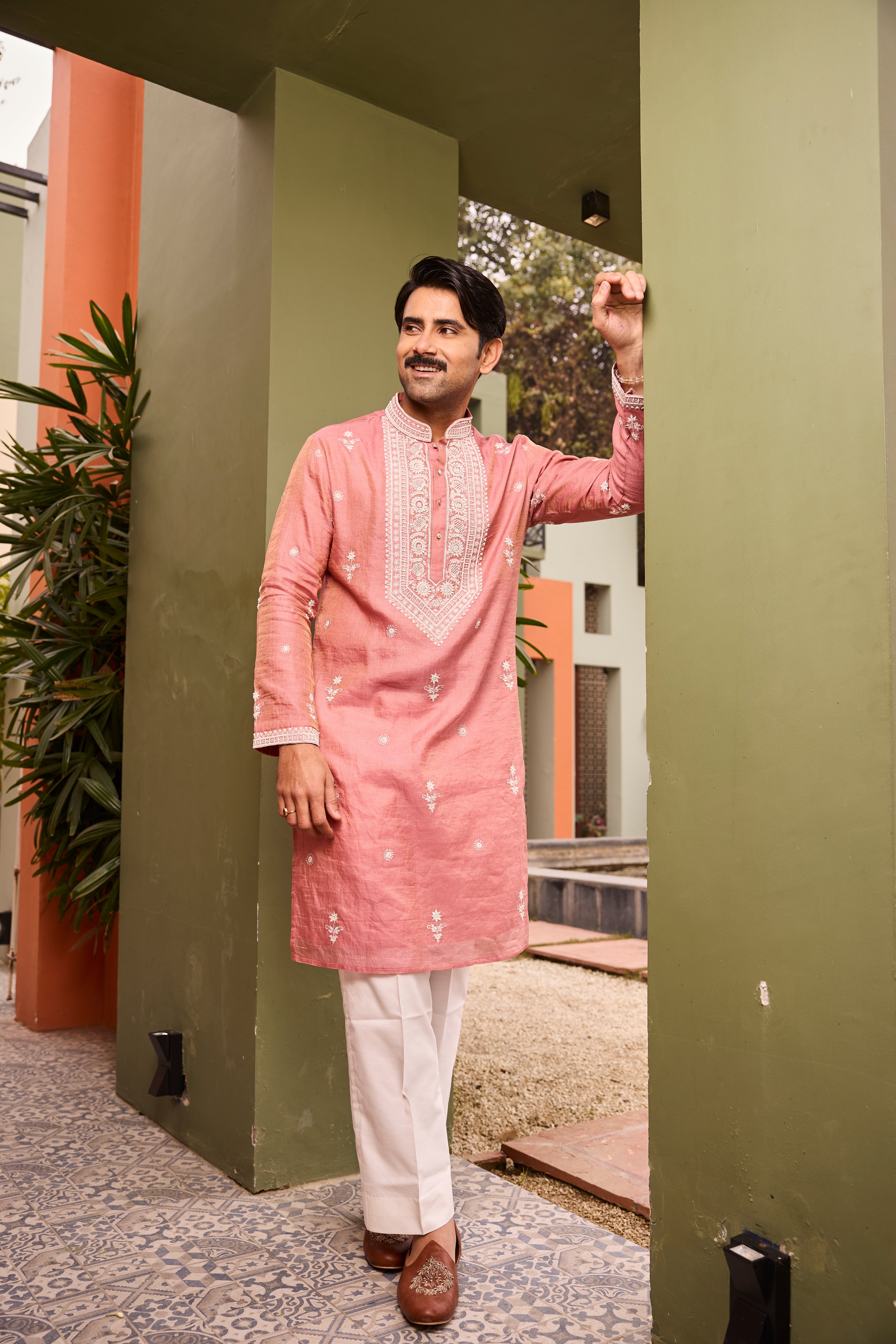Blush Pink Kurta with White Thread Embroidery