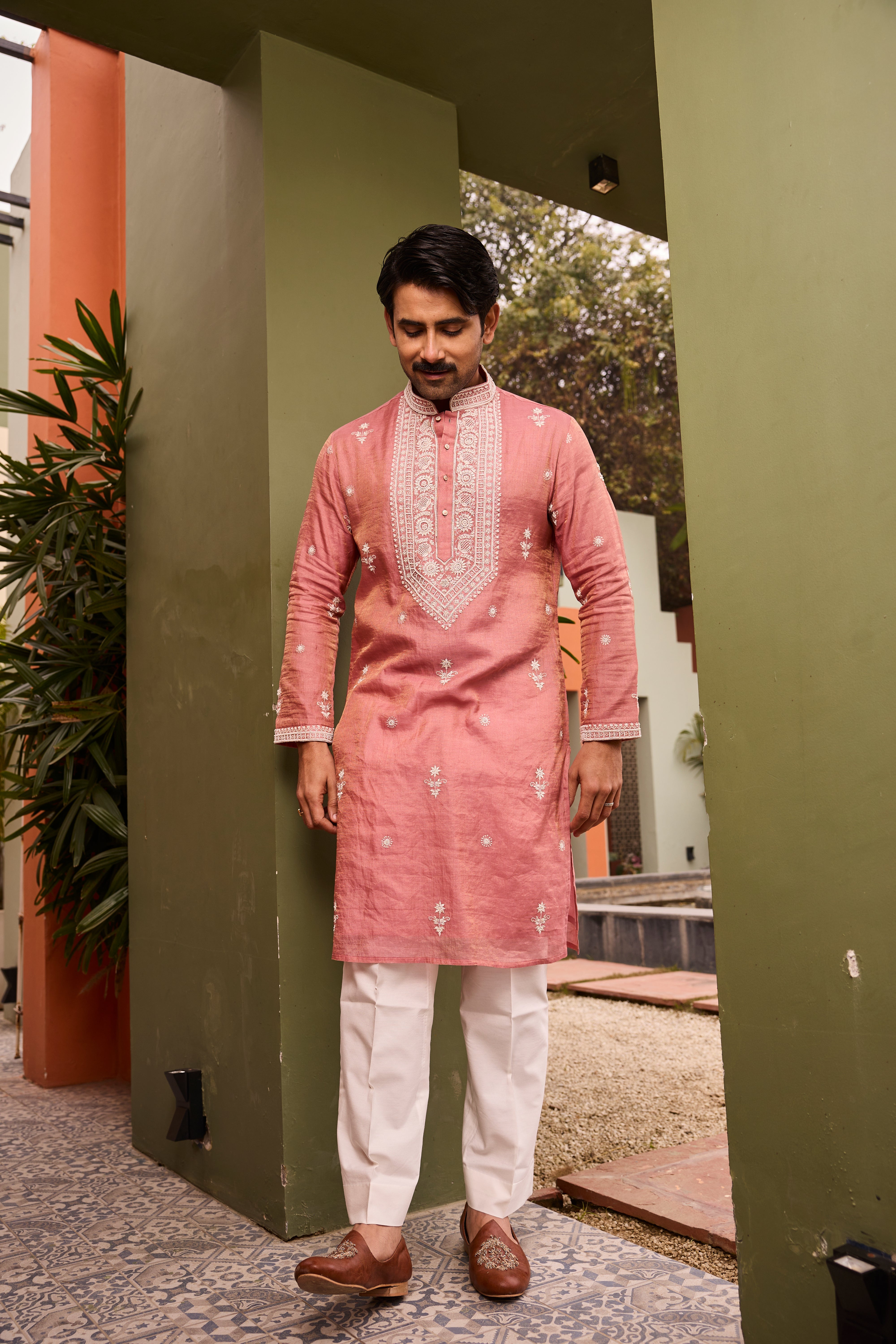 Blush Pink Kurta with White Thread Embroidery