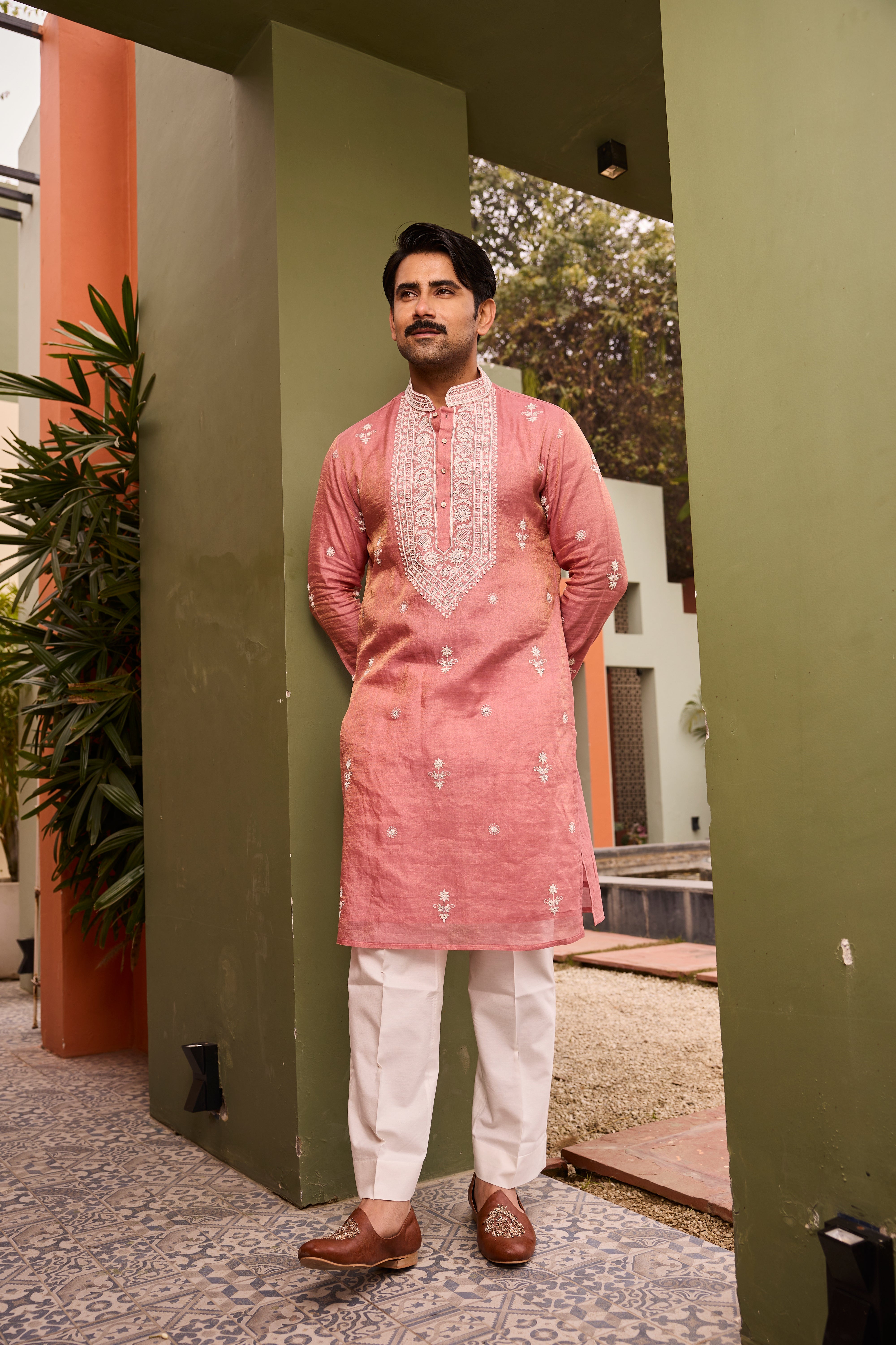 Blush Pink Kurta with White Thread Embroidery