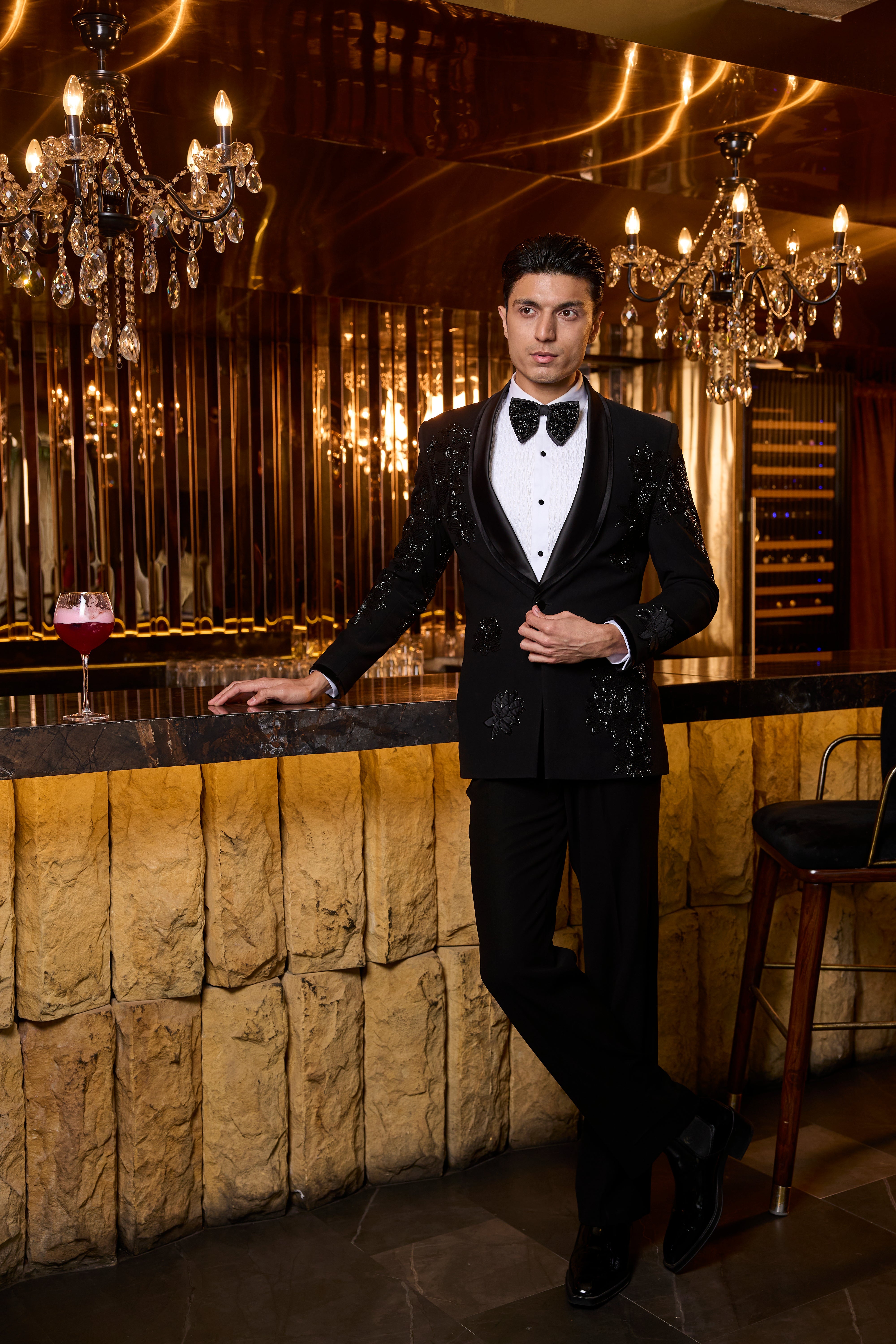 Embroidered Black Tuxedo Set with Satin Shawl Collar