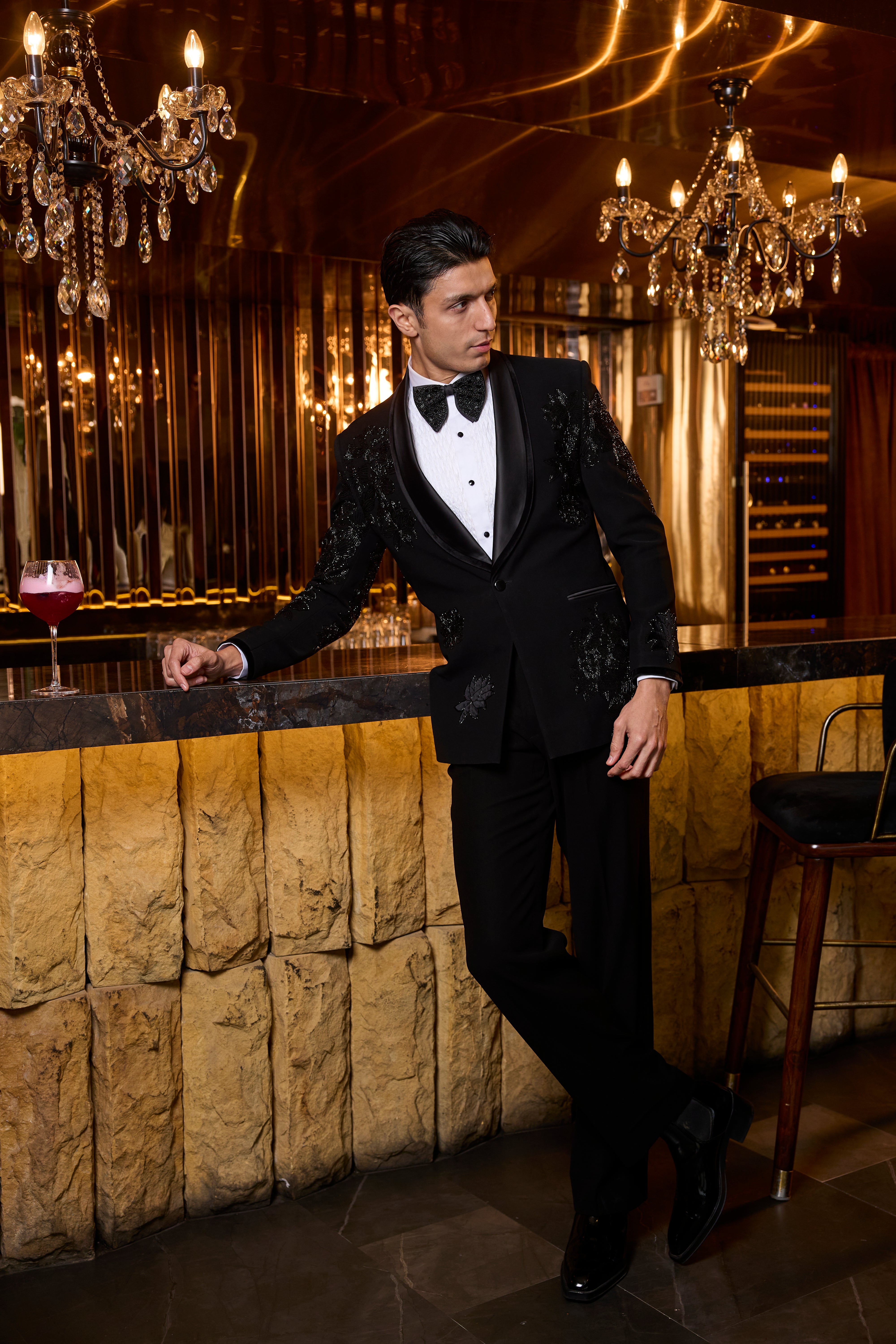 Embroidered Black Tuxedo Set with Satin Shawl Collar