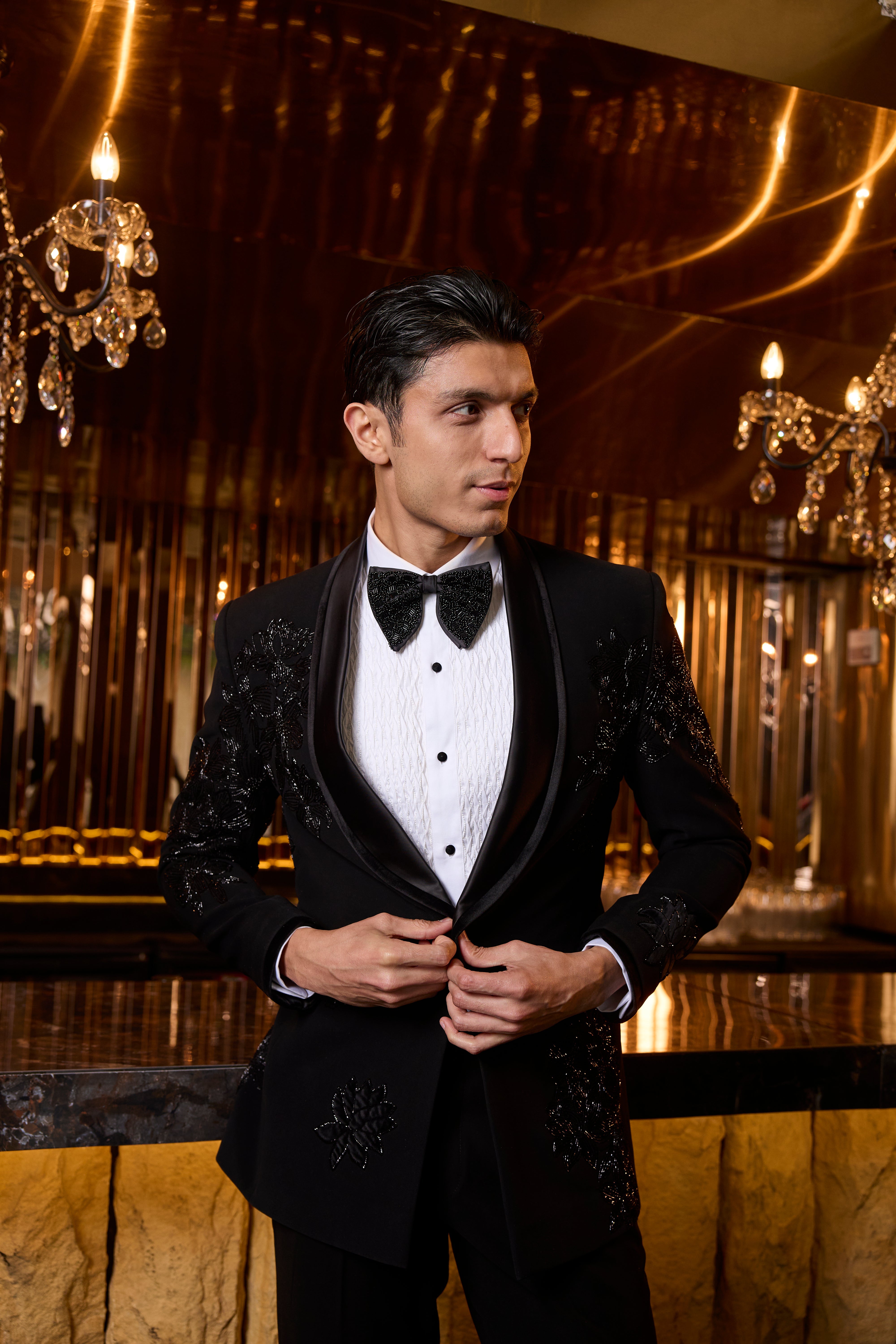 Embroidered Black Tuxedo Set with Satin Shawl Collar
