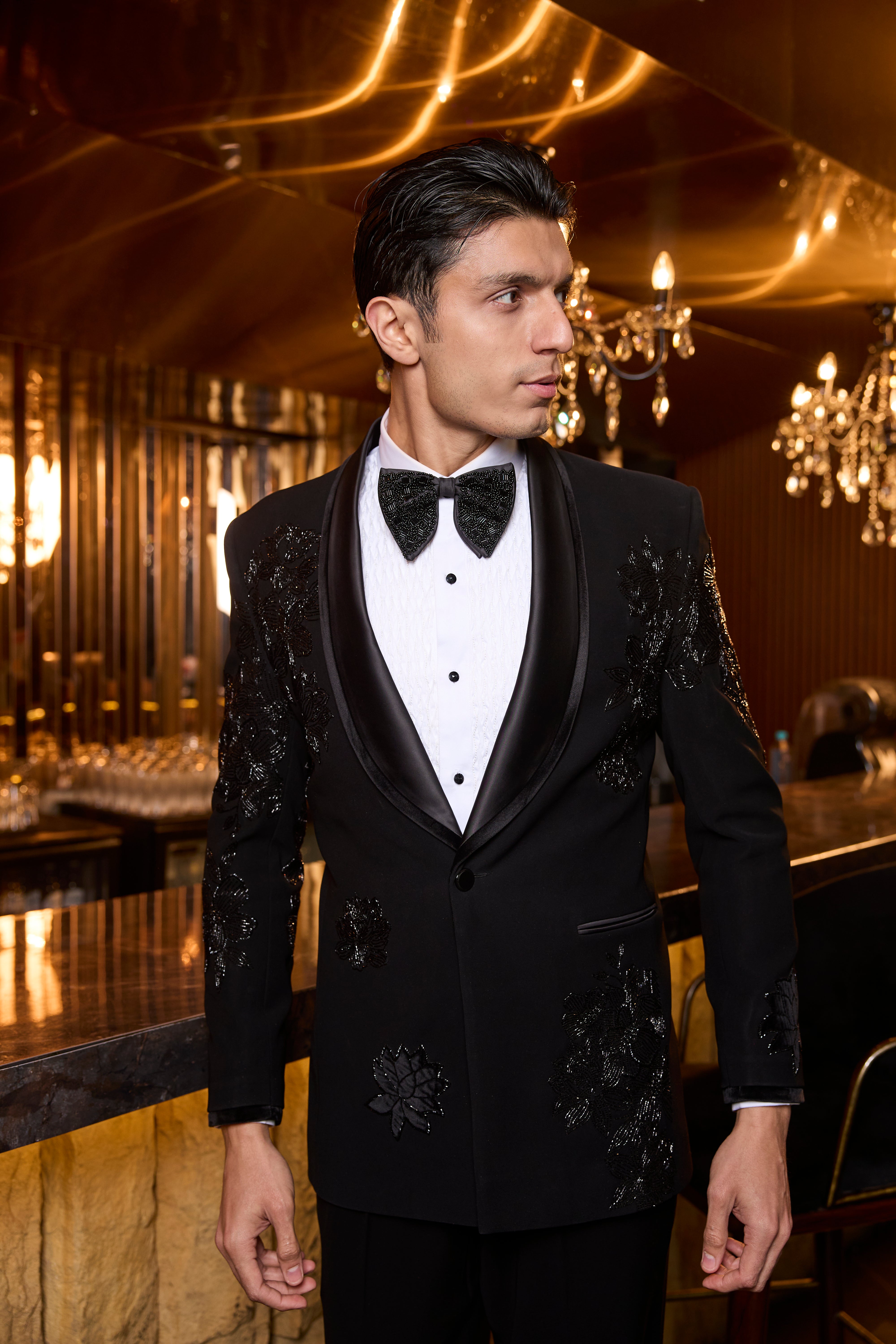 Embroidered Black Tuxedo Set with Satin Shawl Collar