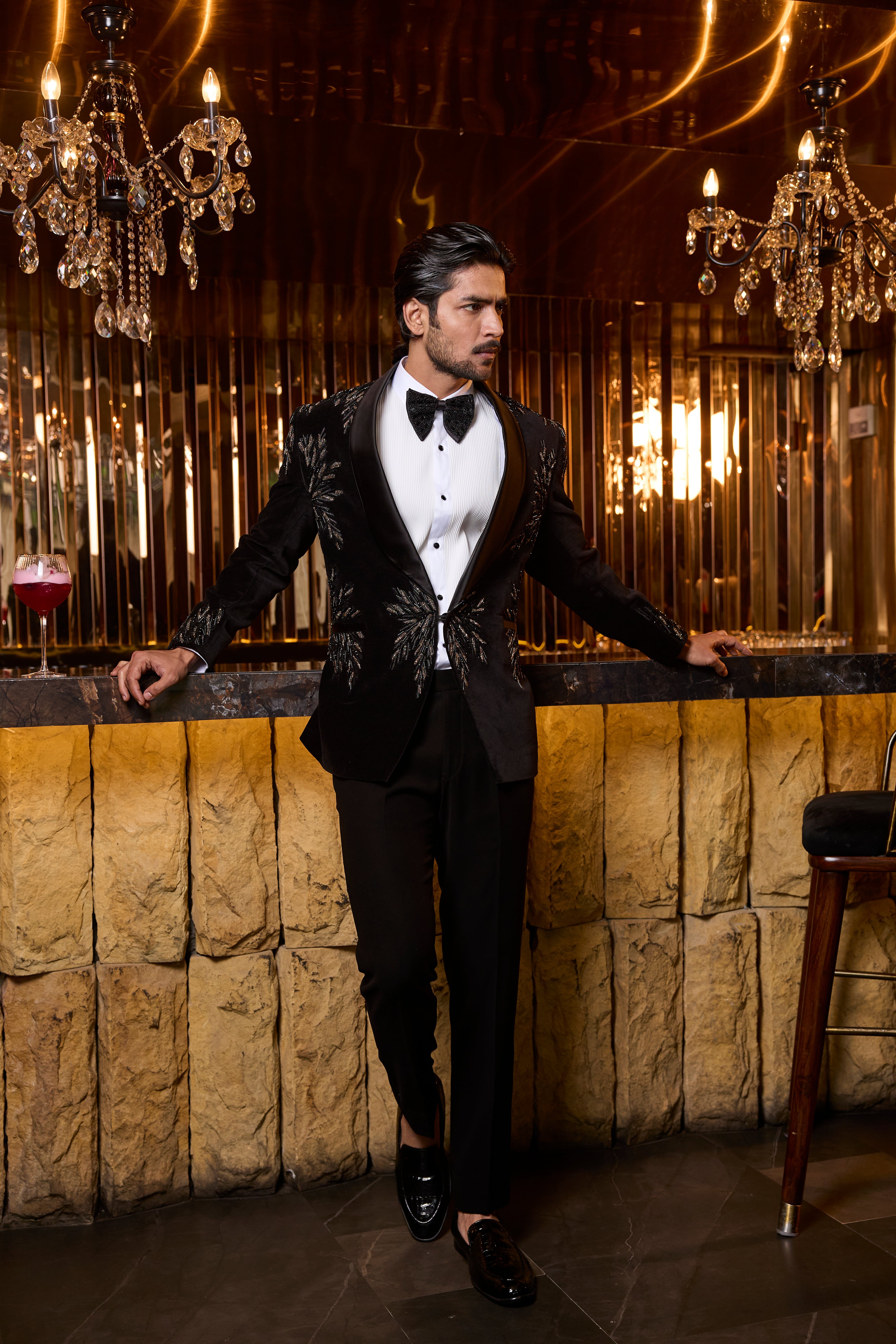 Black Velvet Tuxedo Set with Gold Leaf Embroidery