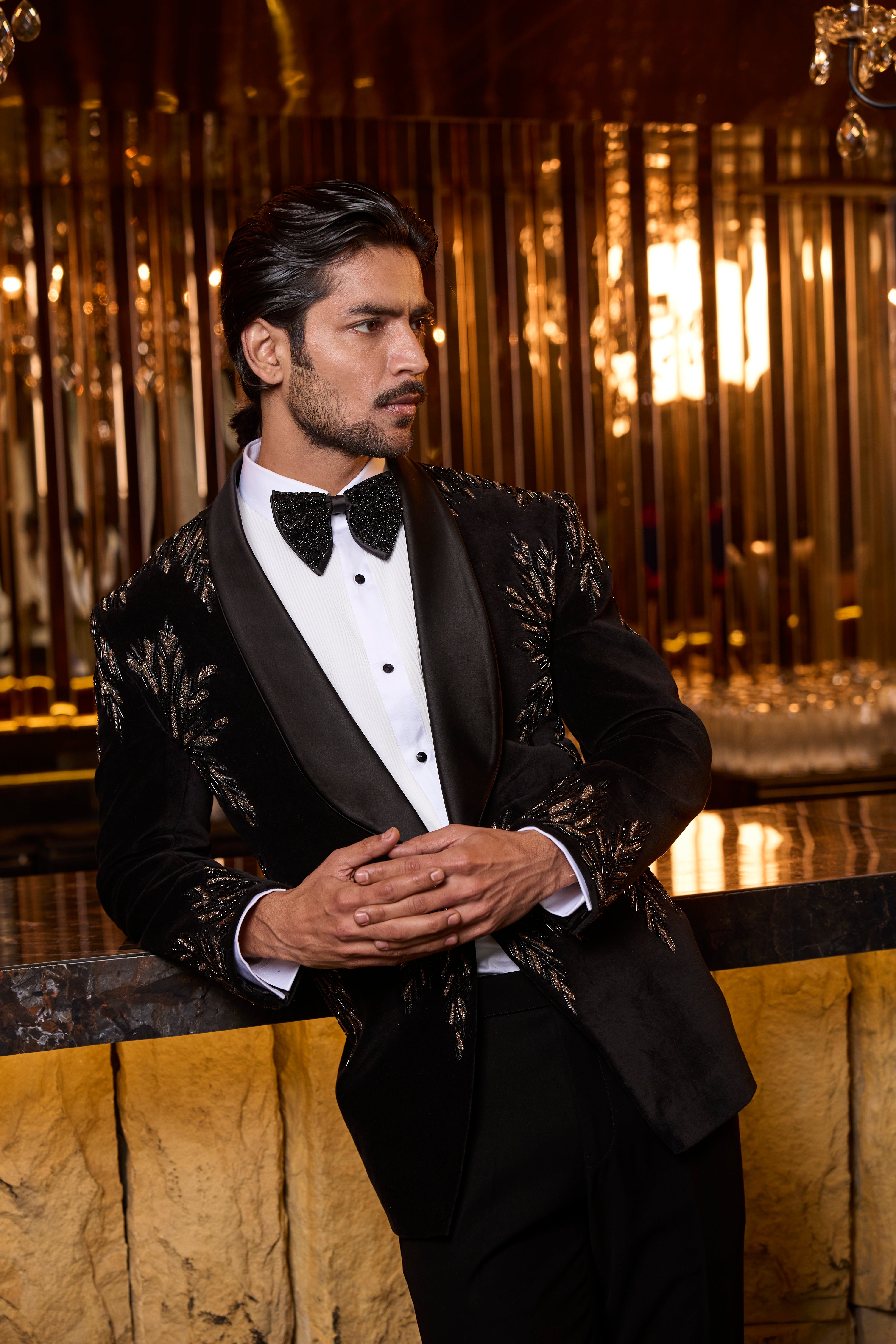 Black Velvet Tuxedo Set with Gold Leaf Embroidery