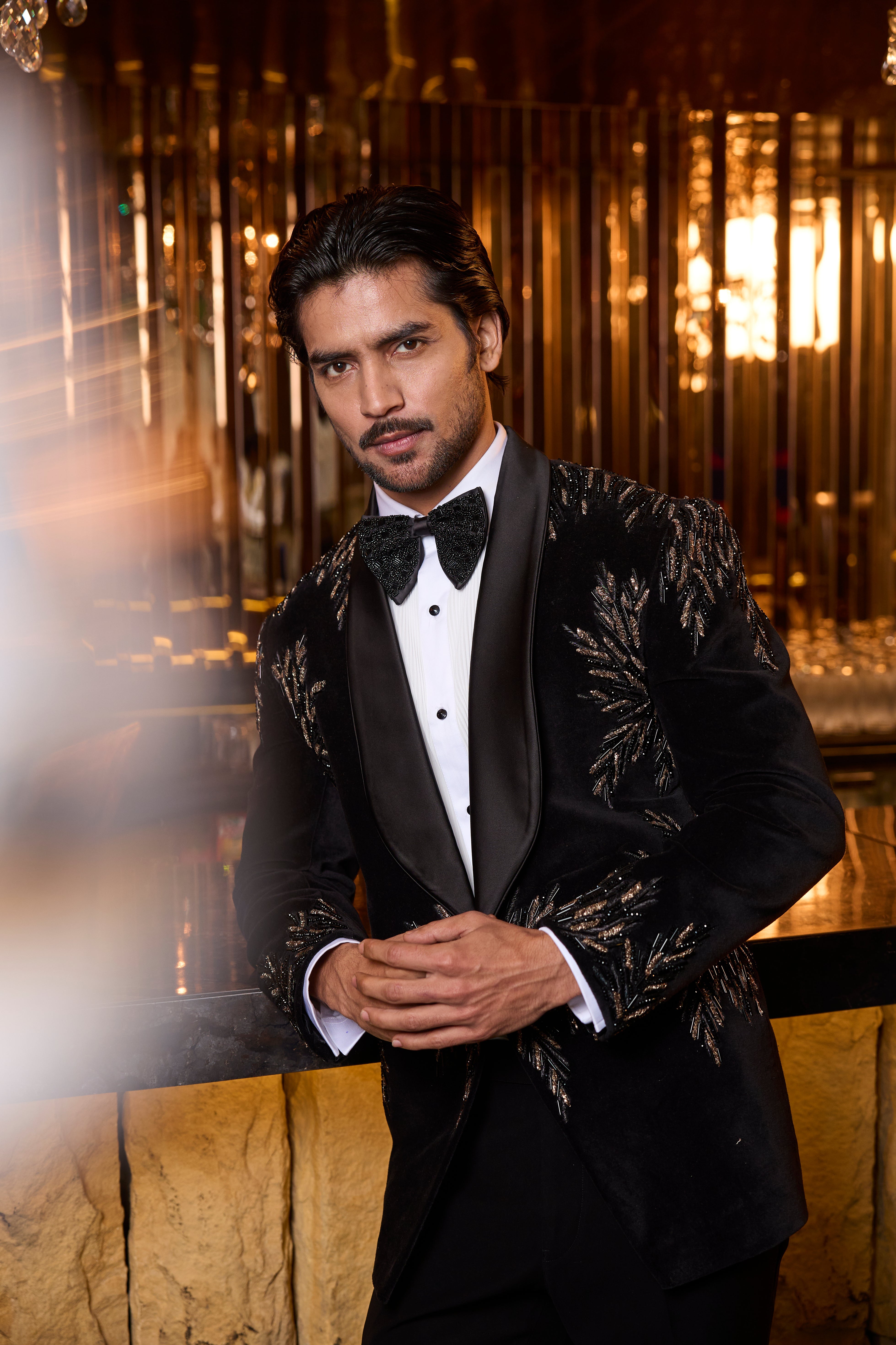 Black Velvet Tuxedo Set with Gold Leaf Embroidery