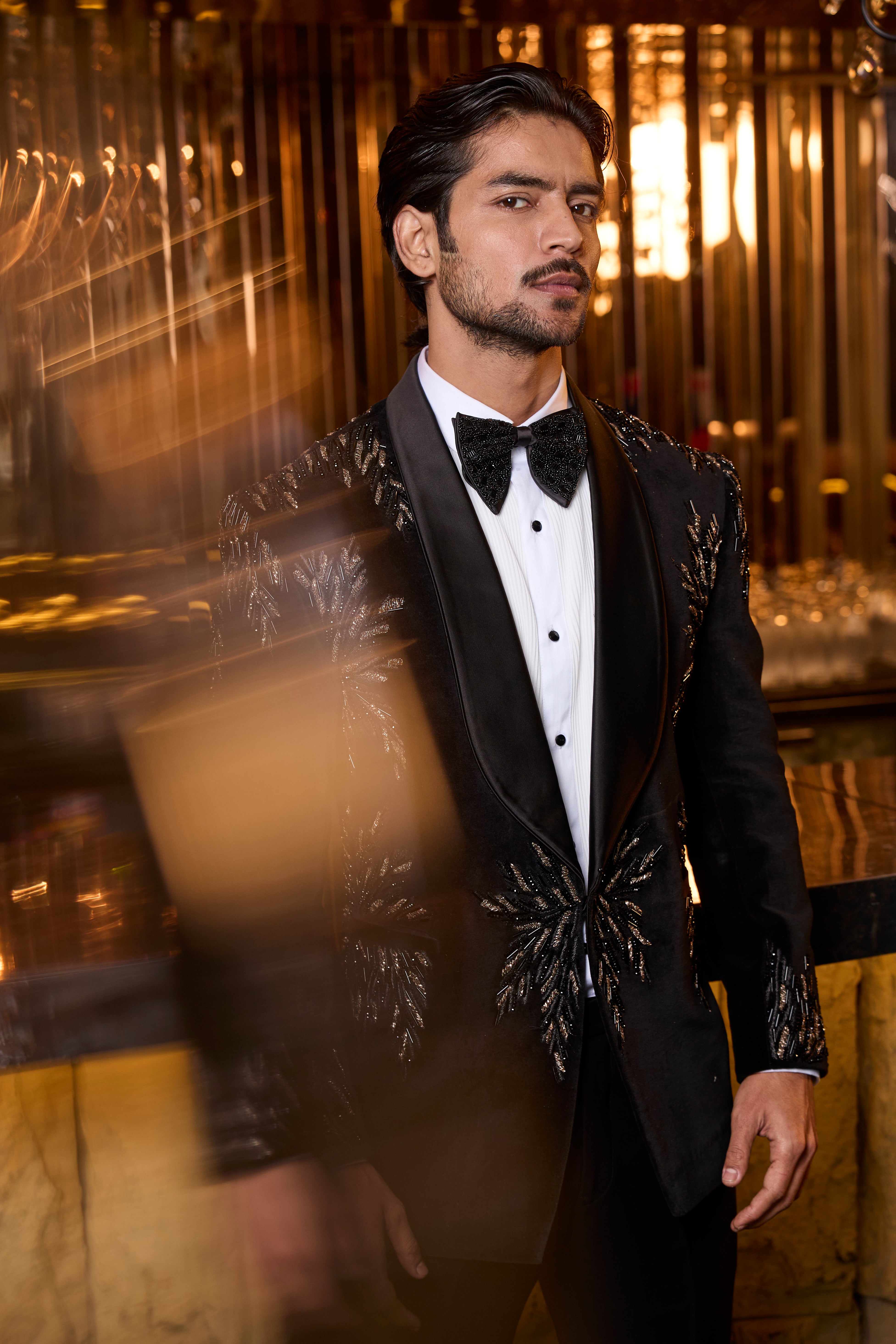 Black Velvet Tuxedo Set with Gold Leaf Embroidery