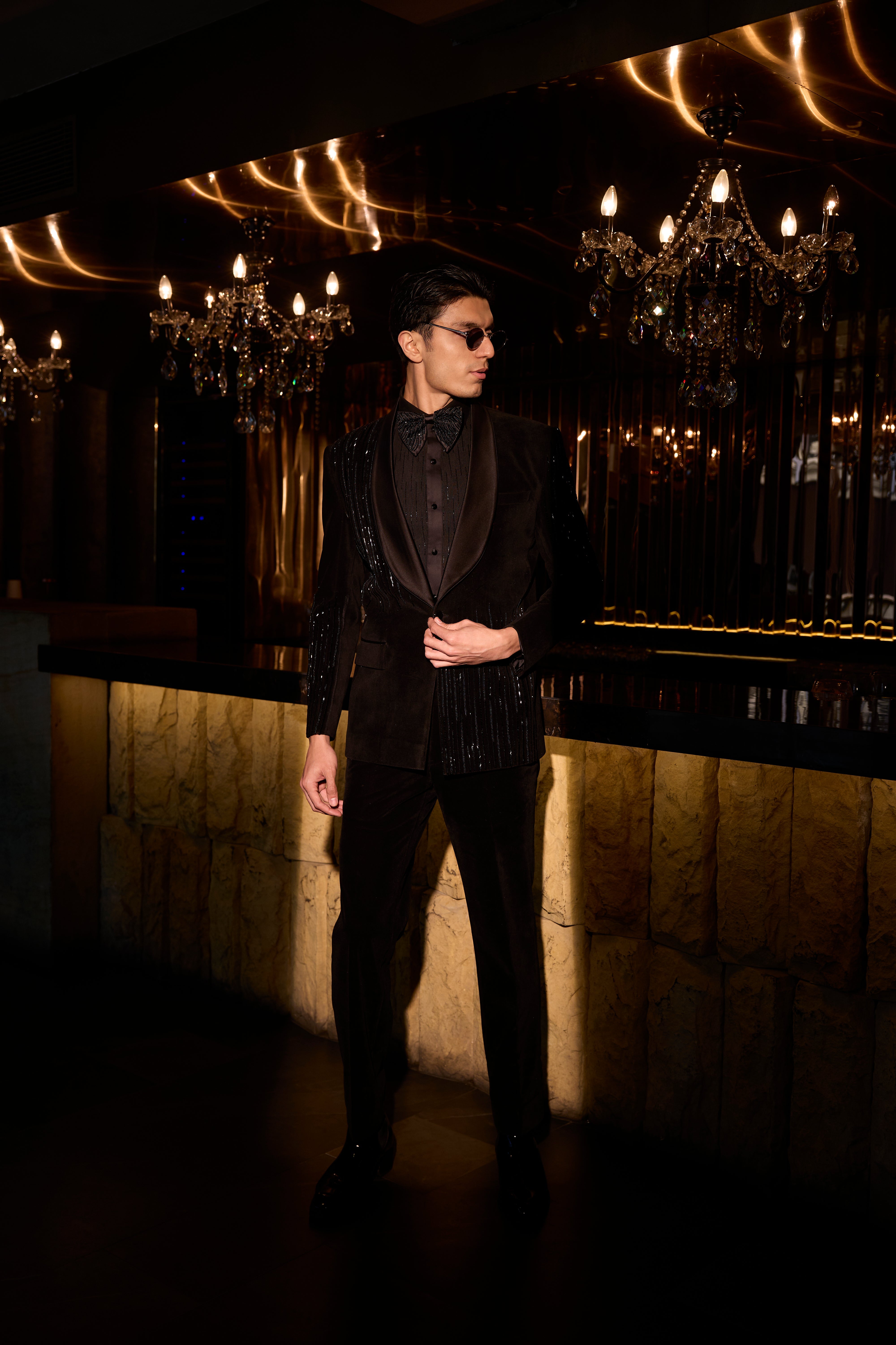 Midnight Noir Velvet Tuxedo Set with Sequin Panel Accents