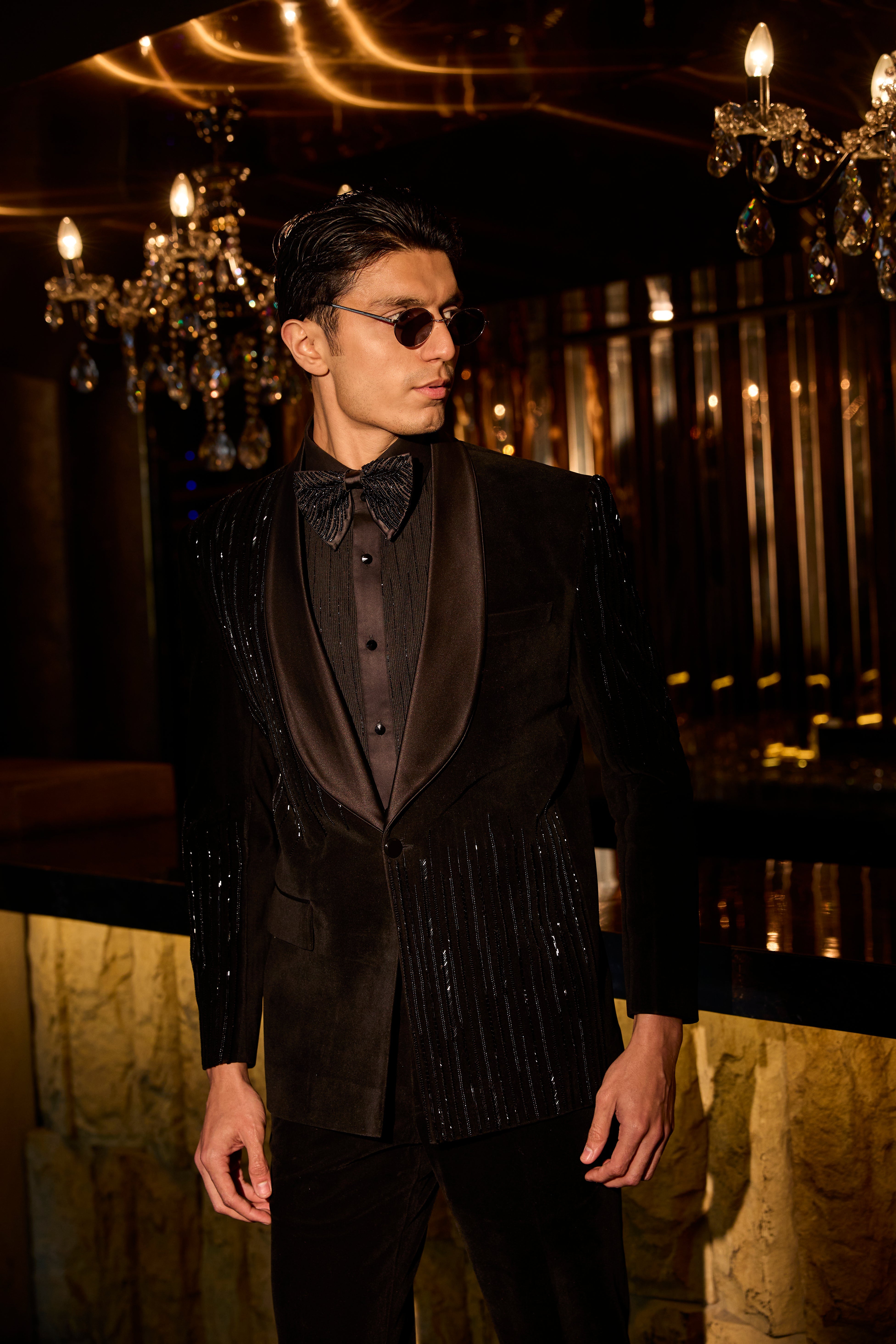 Midnight Noir Velvet Tuxedo Set with Sequin Panel Accents