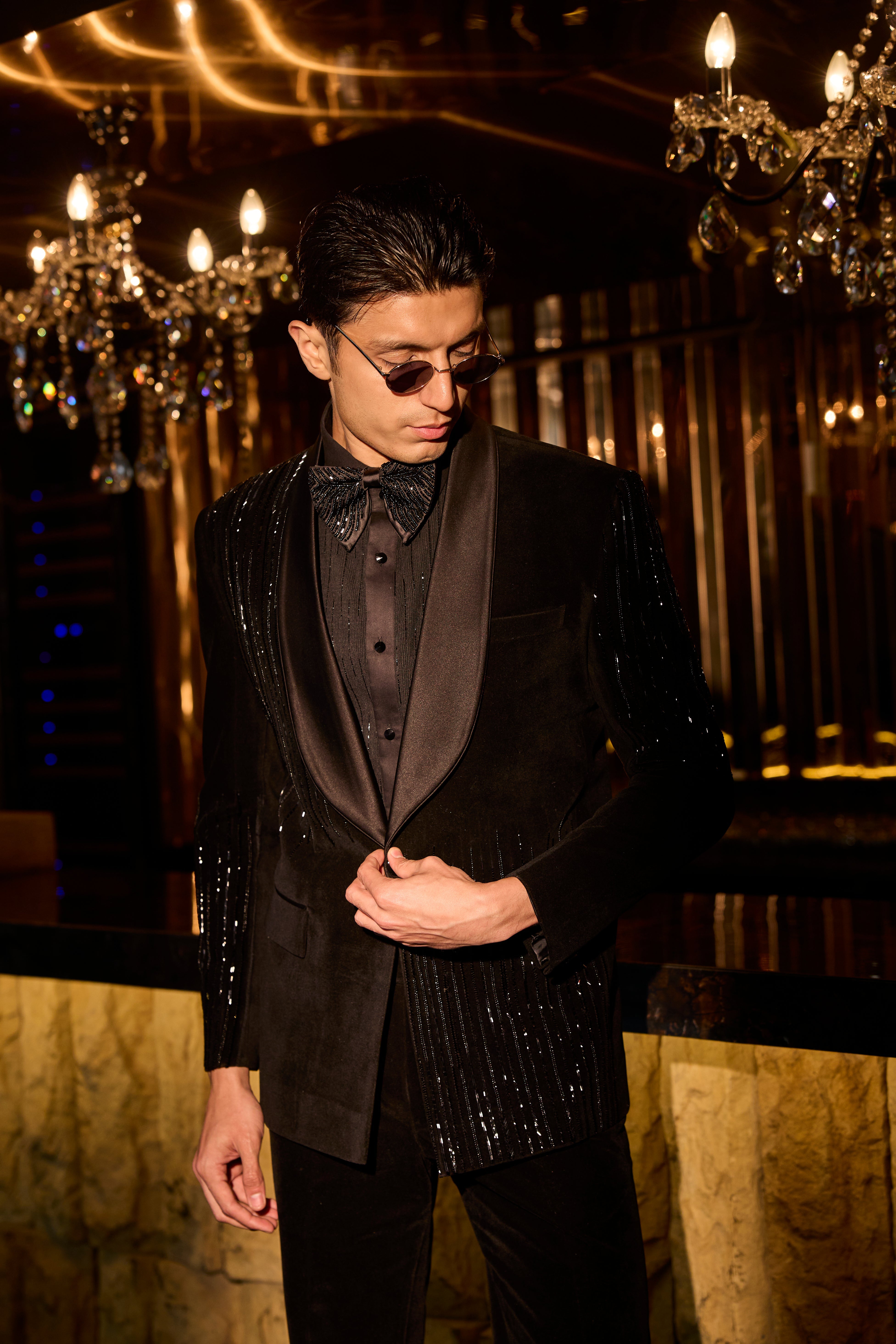 Midnight Noir Velvet Tuxedo Set with Sequin Panel Accents