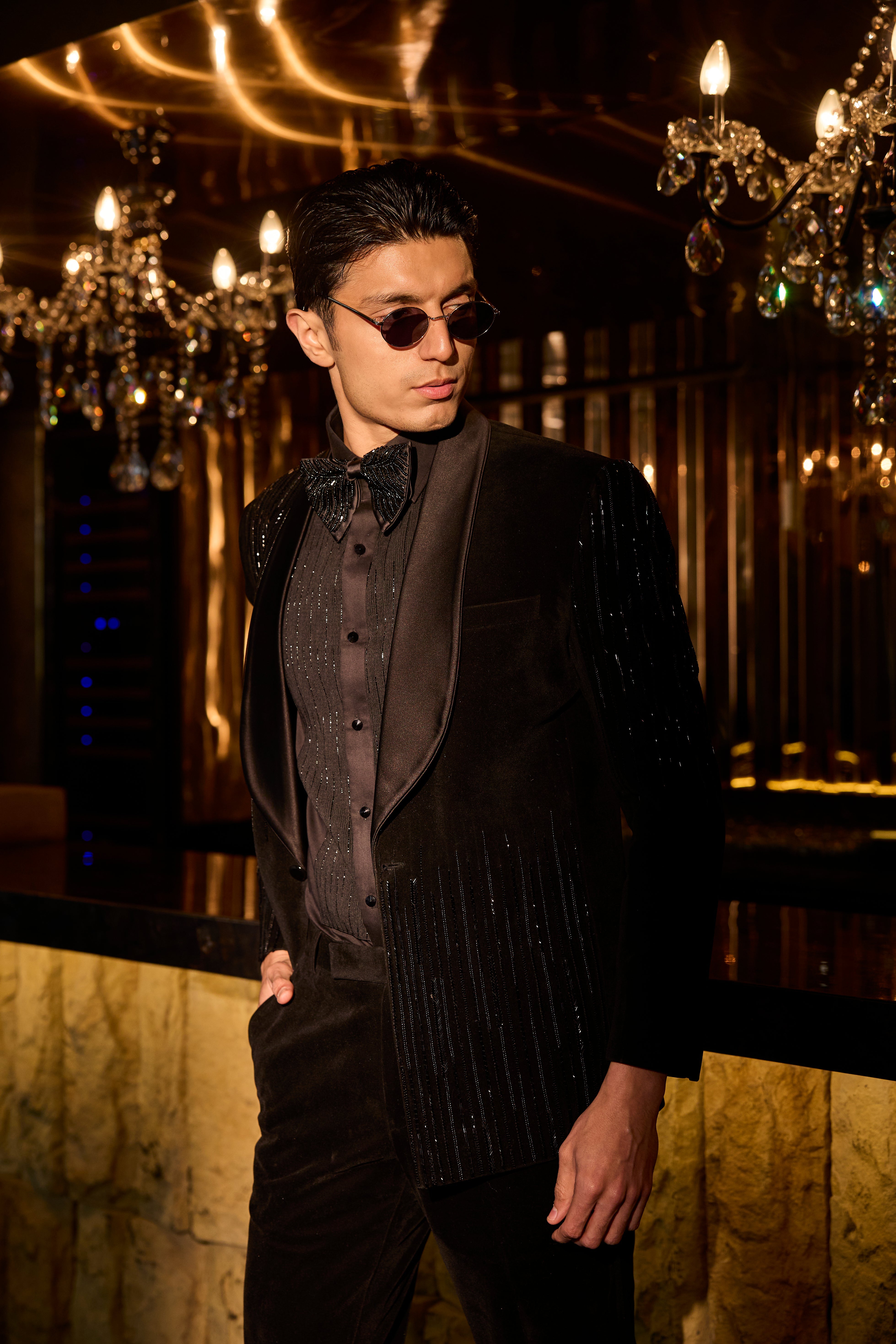 Midnight Noir Velvet Tuxedo Set with Sequin Panel Accents