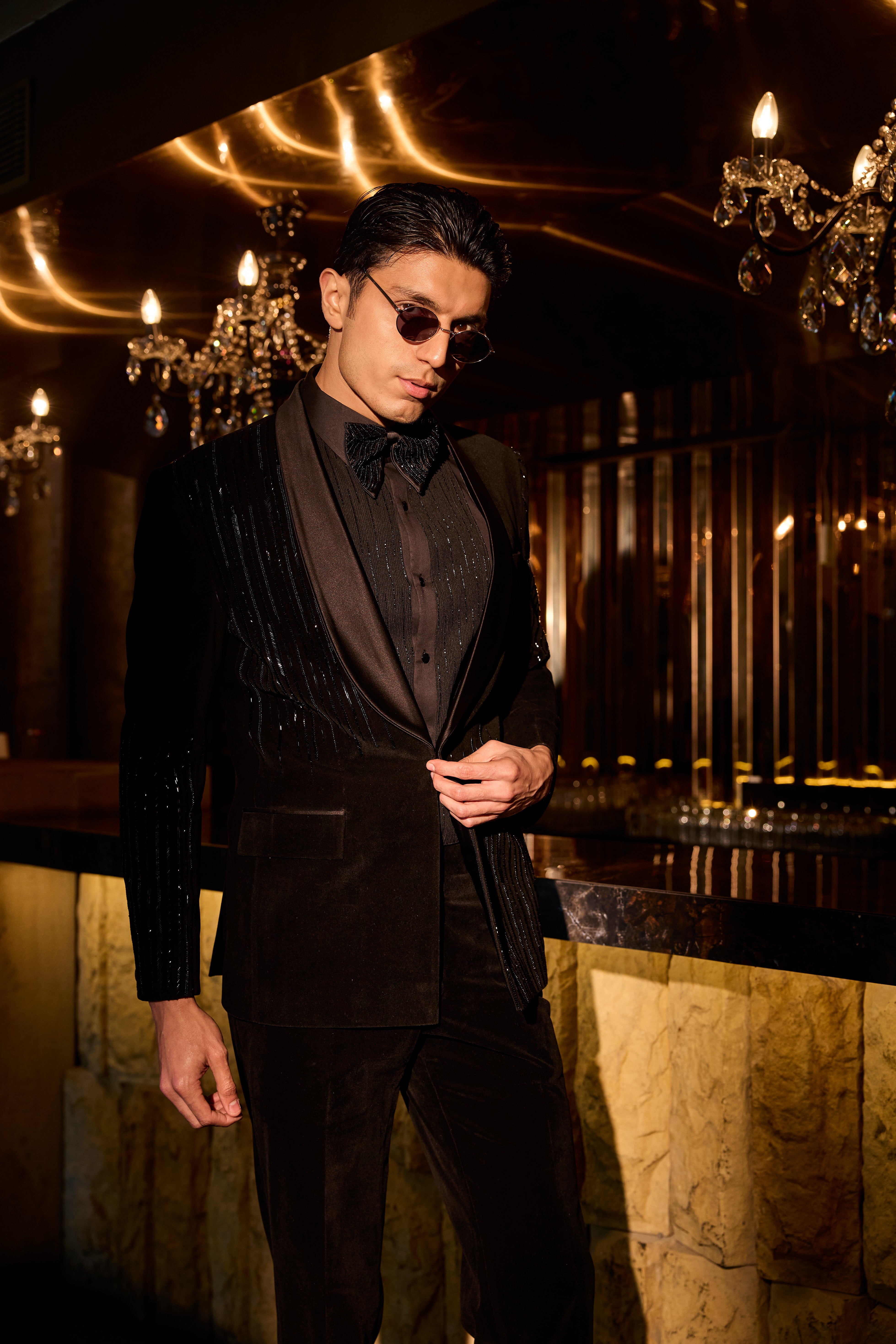 Midnight Noir Velvet Tuxedo Set with Sequin Panel Accents