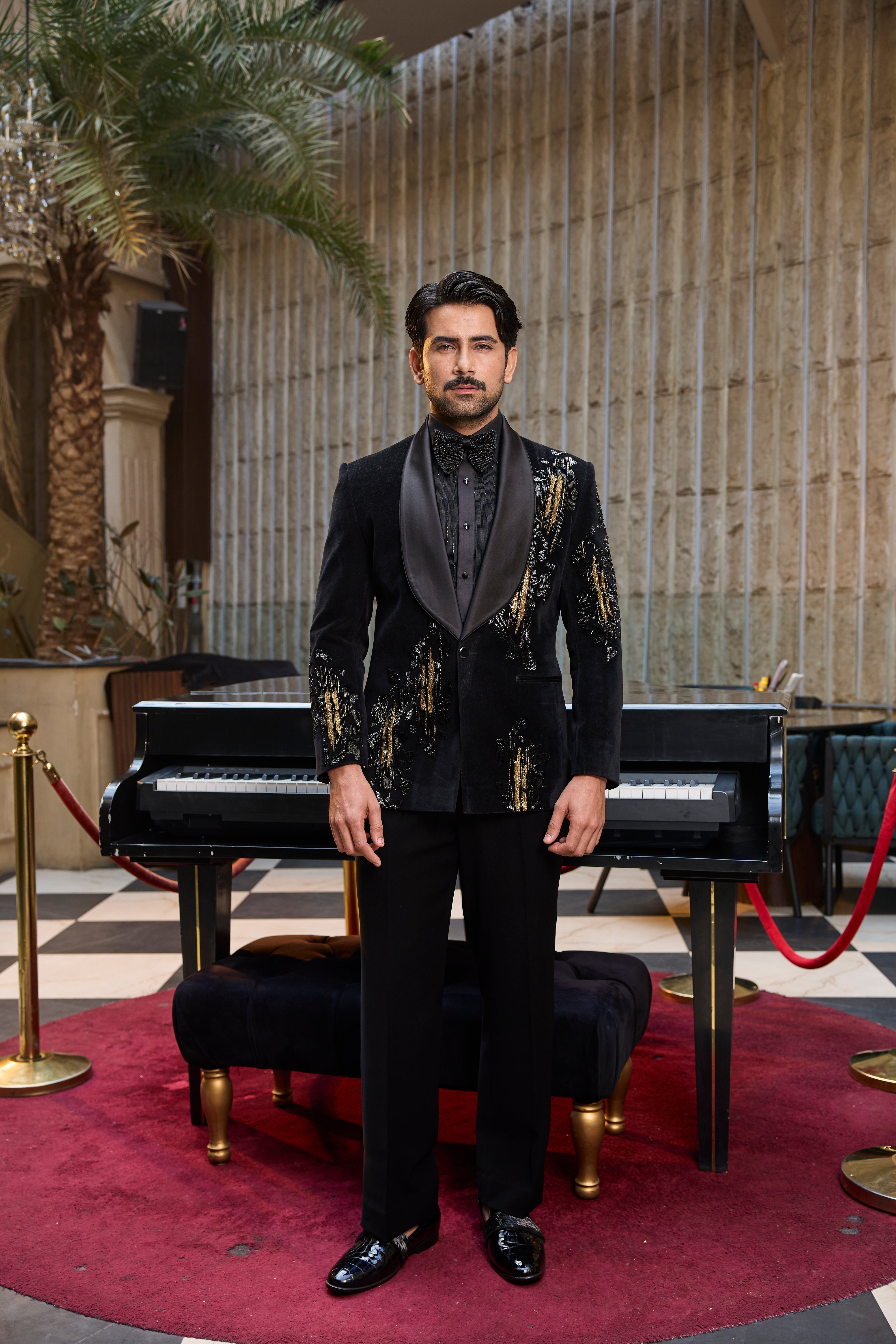 Black Velvet Tuxedo Set with Gold Embroidery