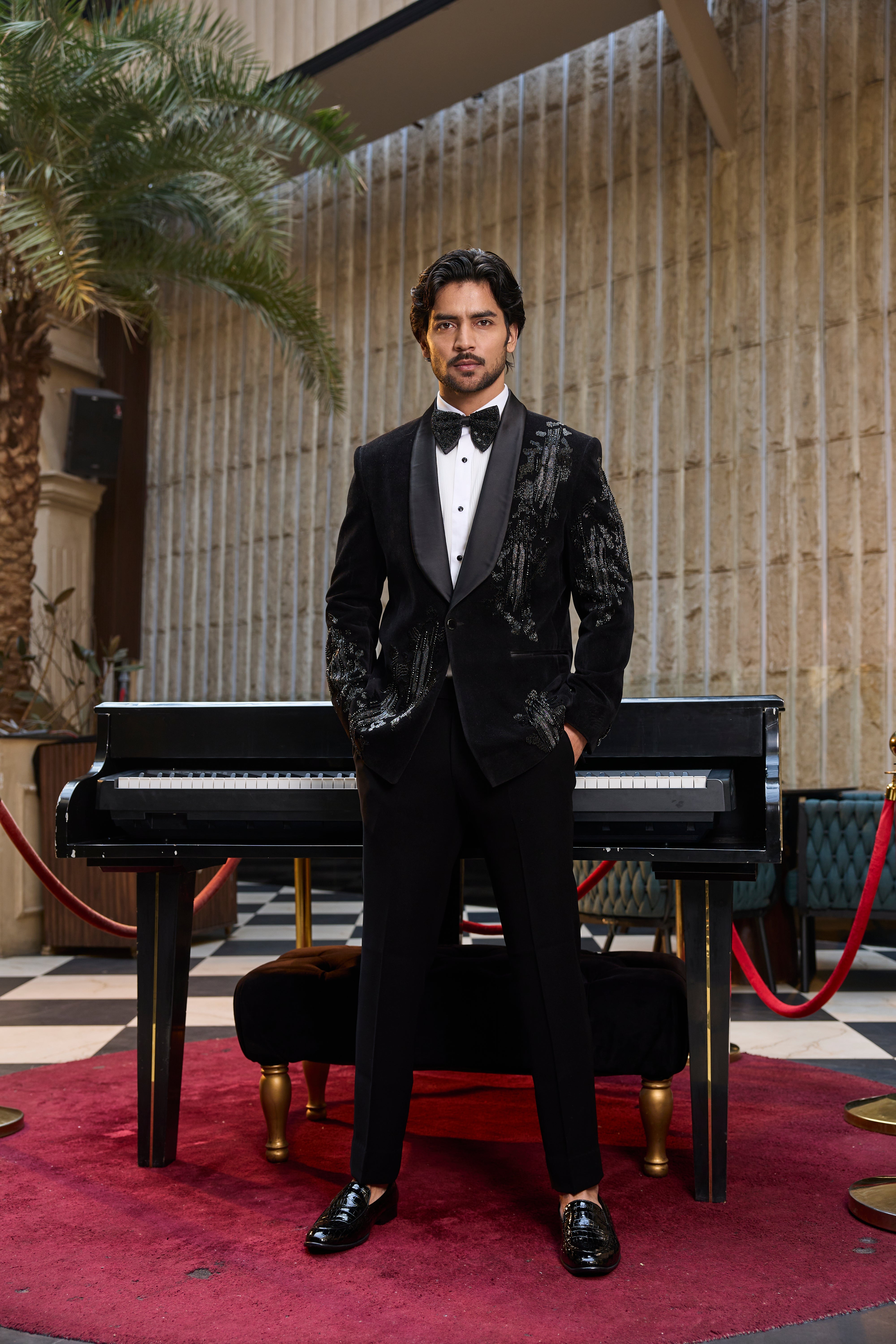 Black Velvet Tuxedo Set with Sequin Detailing