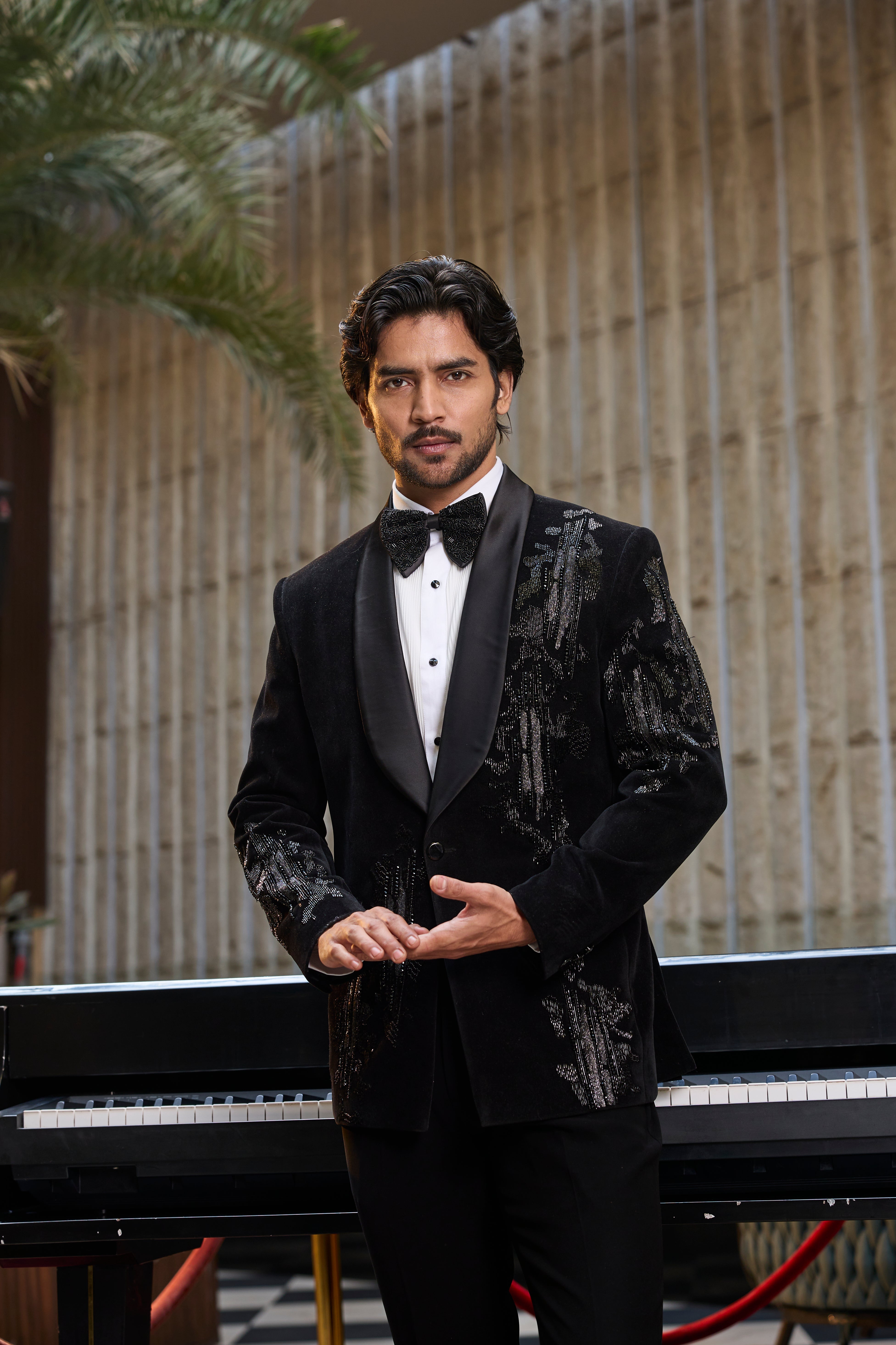 Black Velvet Tuxedo Set with Sequin Detailing