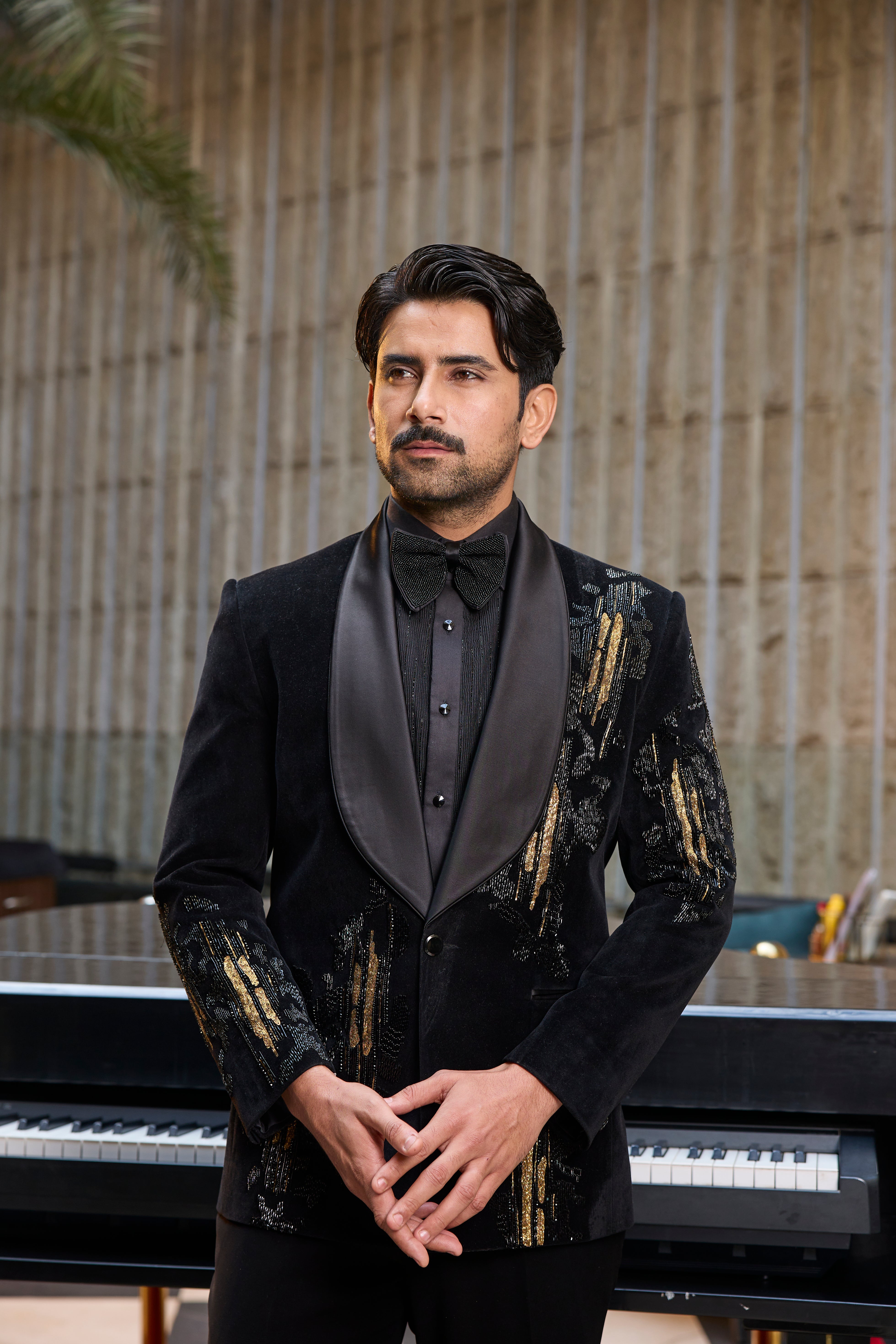 Black Velvet Tuxedo Set with Gold Embroidery