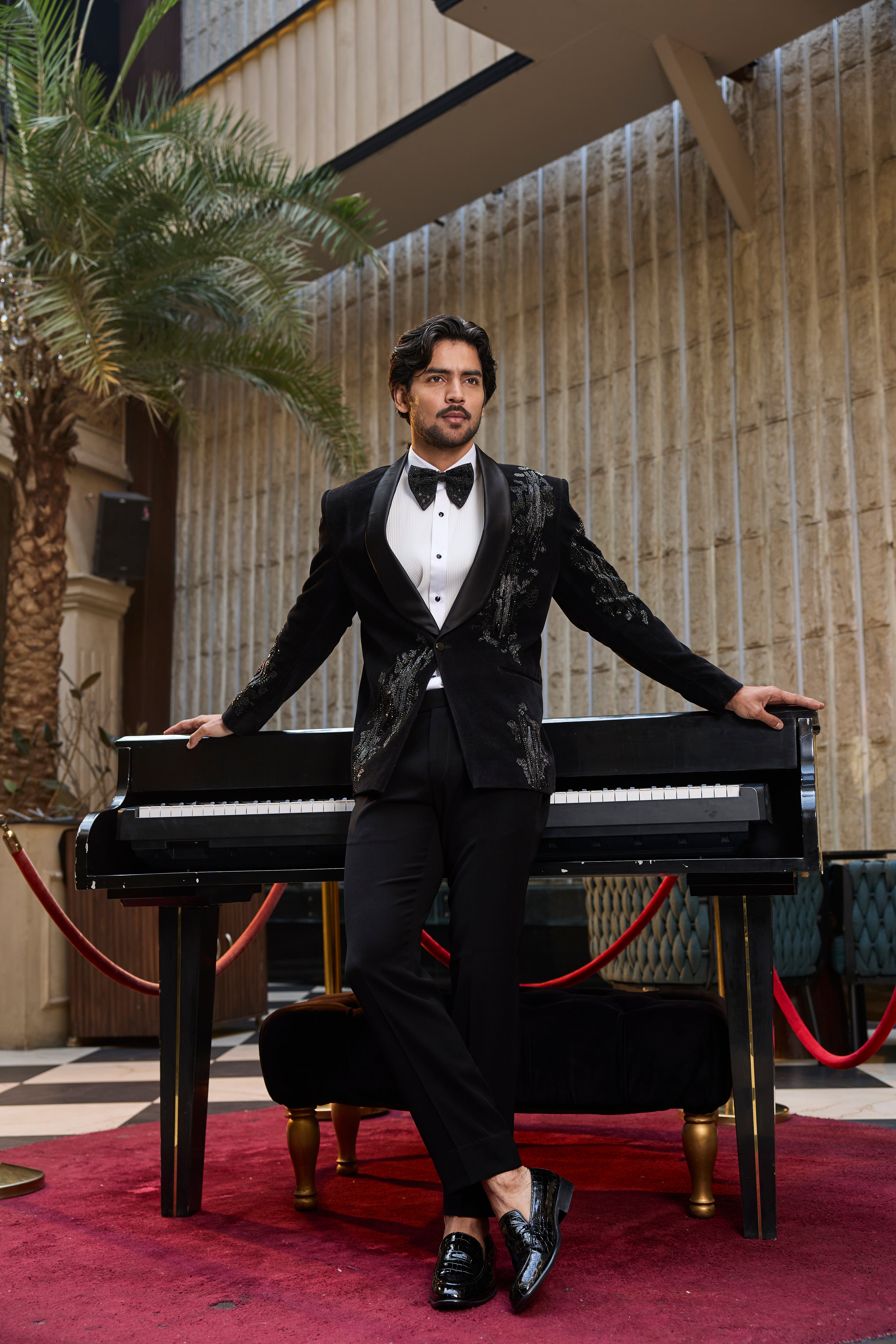 Black Velvet Tuxedo Set with Sequin Detailing