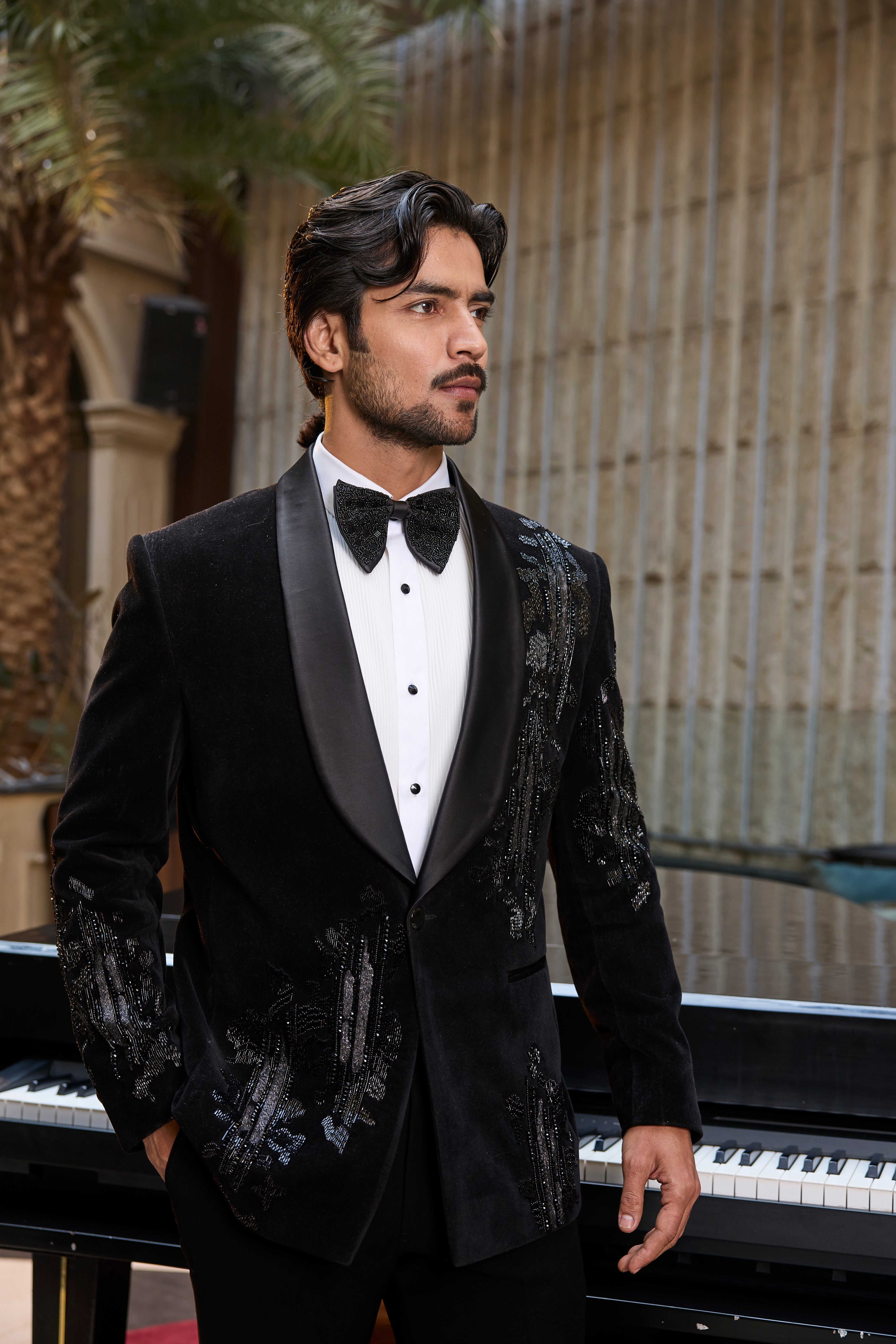 Black Velvet Tuxedo Set with Sequin Detailing