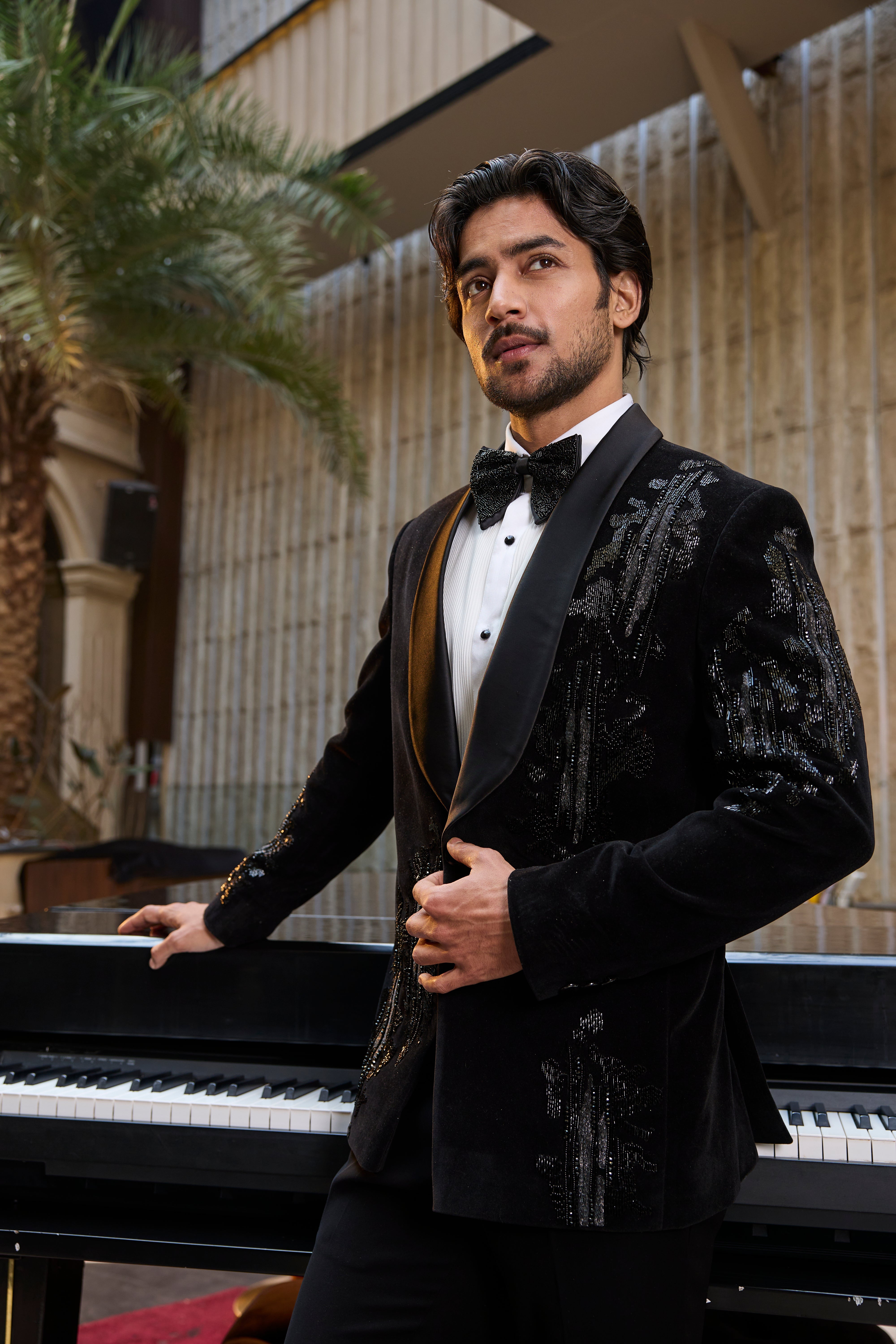 Black Velvet Tuxedo Set with Sequin Detailing