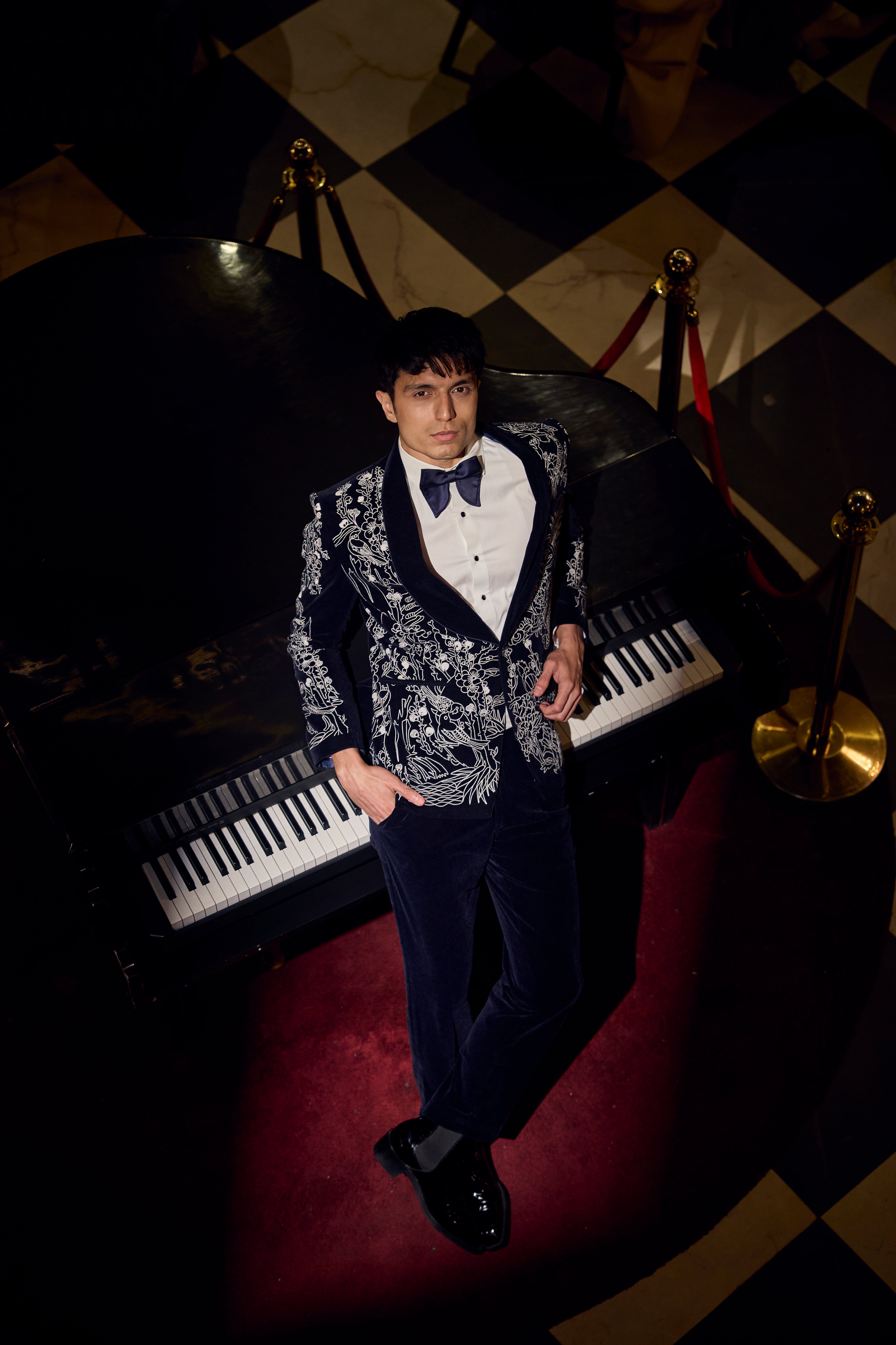 Midnight Velvet Tuxedo Set with Intricate Ivory Floral Embroidery