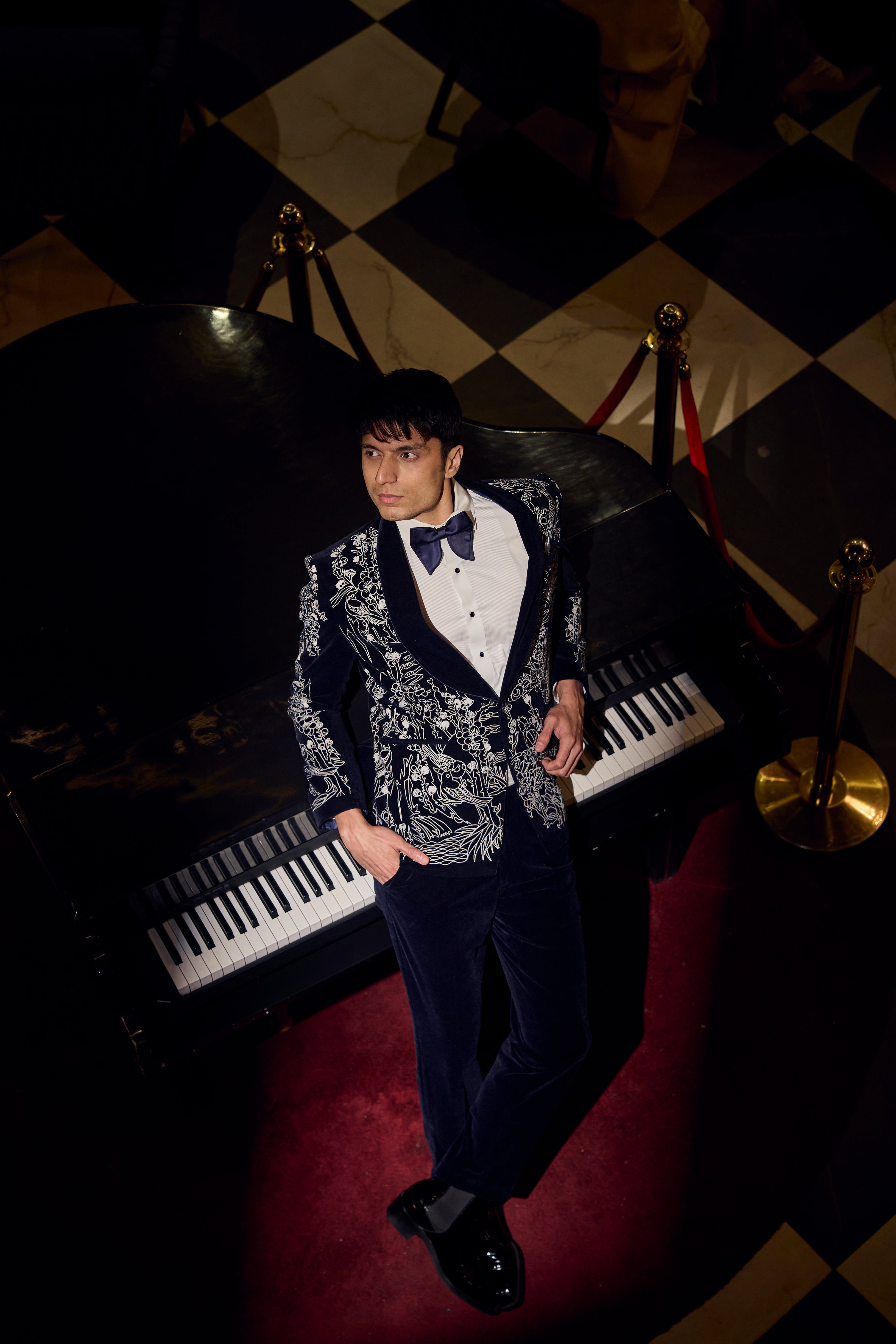 Midnight Velvet Tuxedo Set with Intricate Ivory Floral Embroidery
