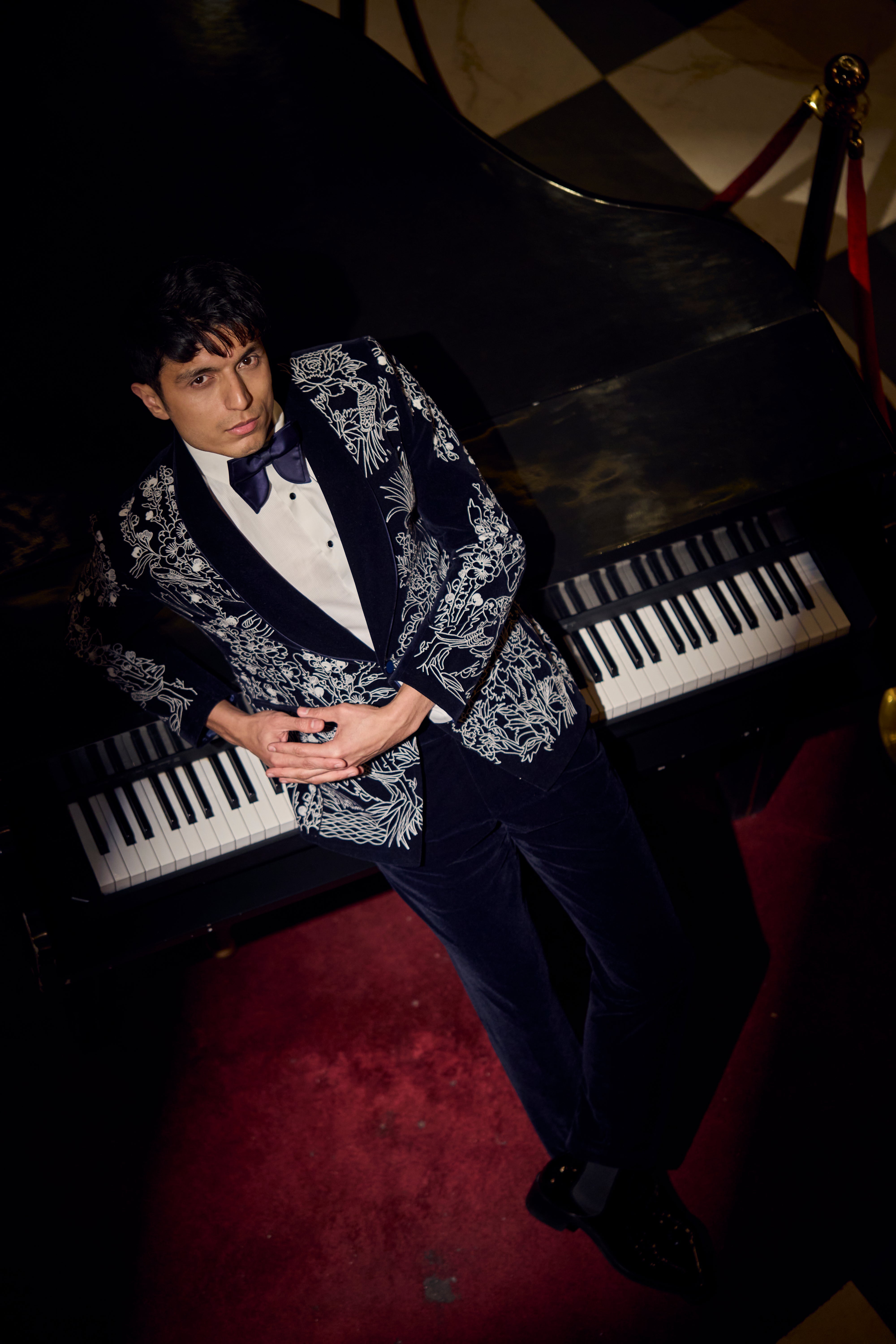 Midnight Velvet Tuxedo Set with Intricate Ivory Floral Embroidery