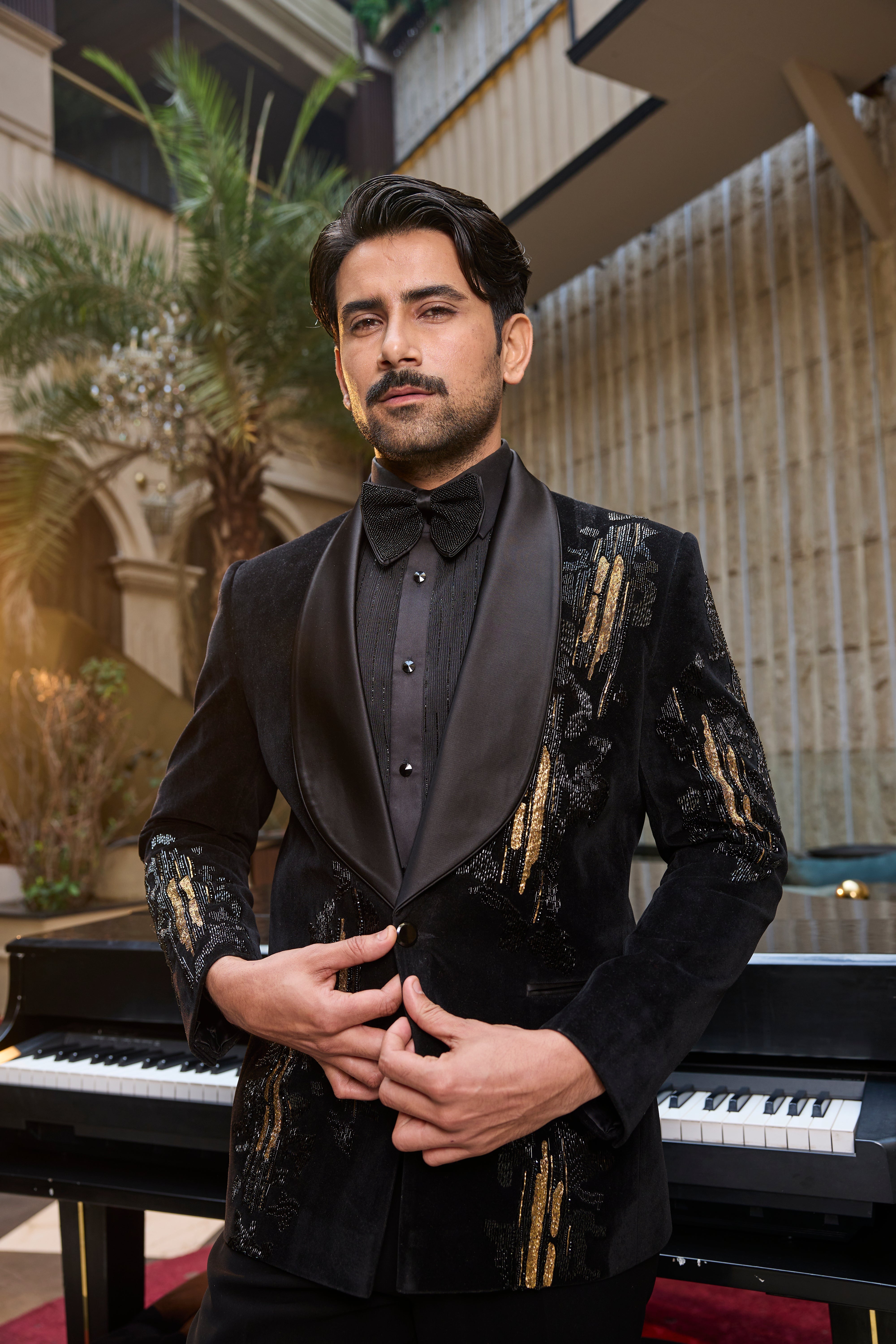 Black Velvet Tuxedo Set with Gold Embroidery