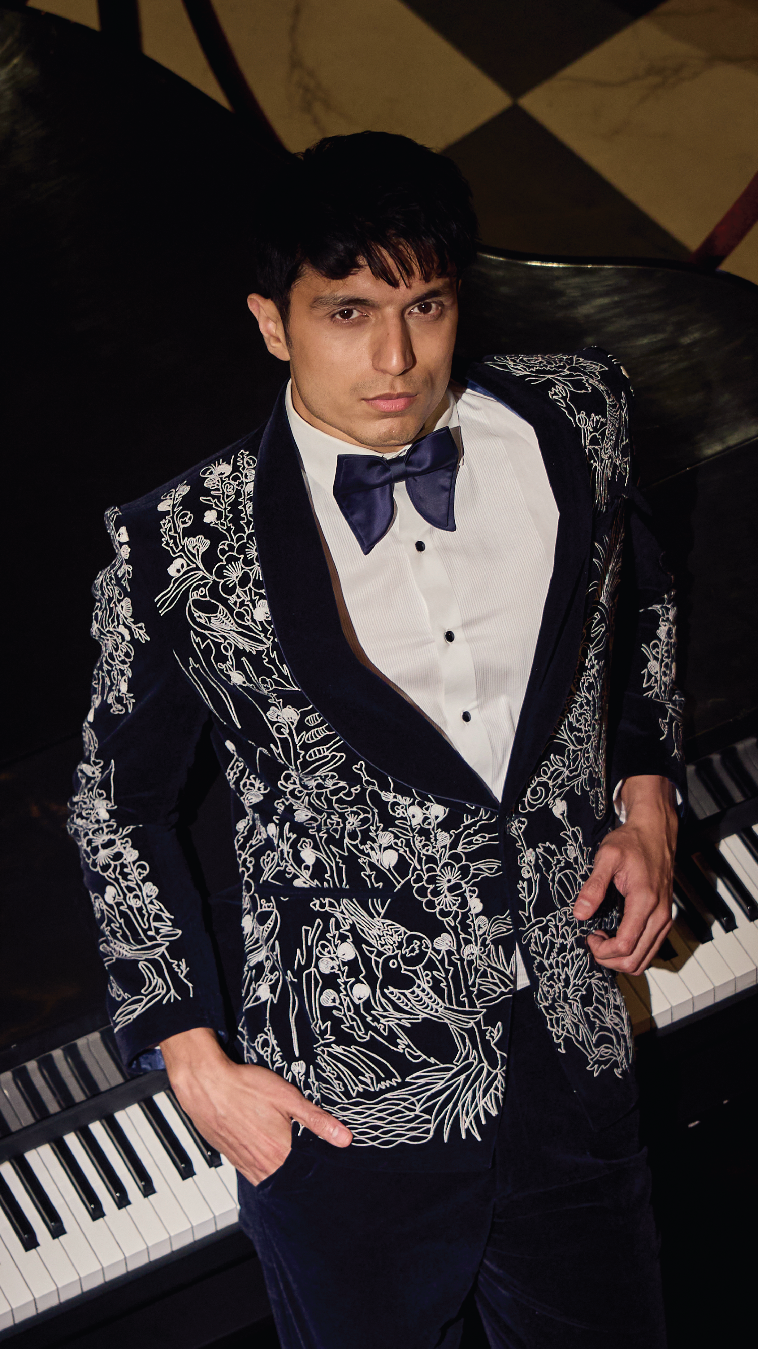 Midnight Velvet Tuxedo Set with Intricate Ivory Floral Embroidery