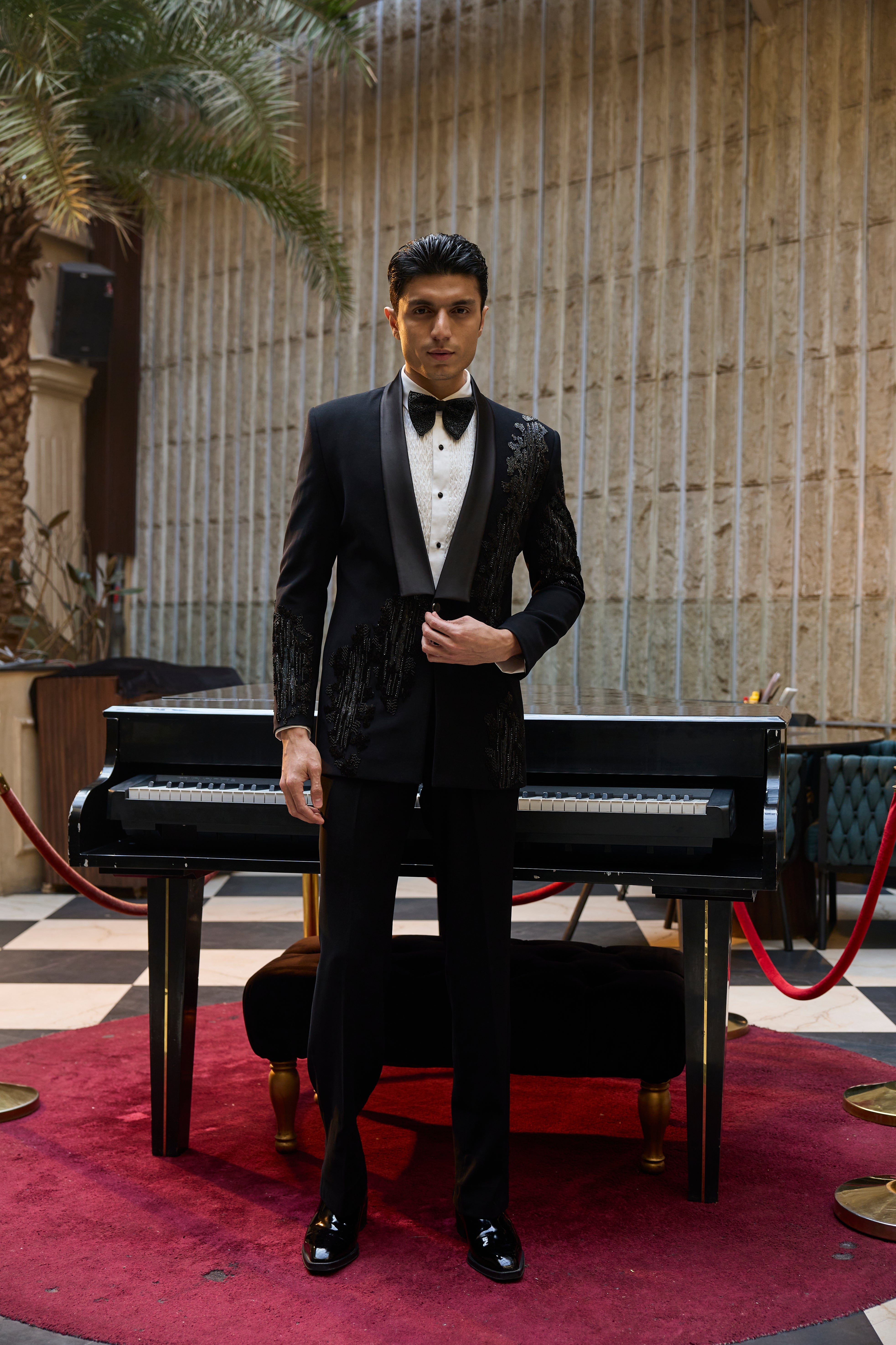 Classic Black Tuxedo Set with Intricate Sequin Work